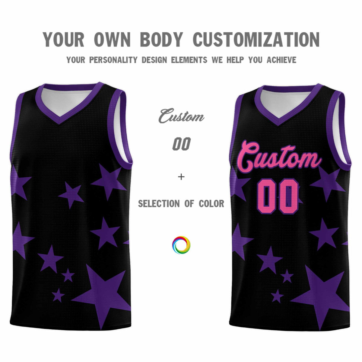 Custom Black Purple Graffiti Pattern Star Print Basketball Jersey Sets