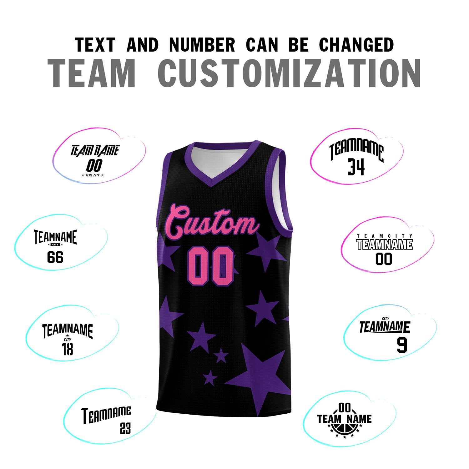 Custom Black Purple Graffiti Pattern Star Print Basketball Jersey Sets