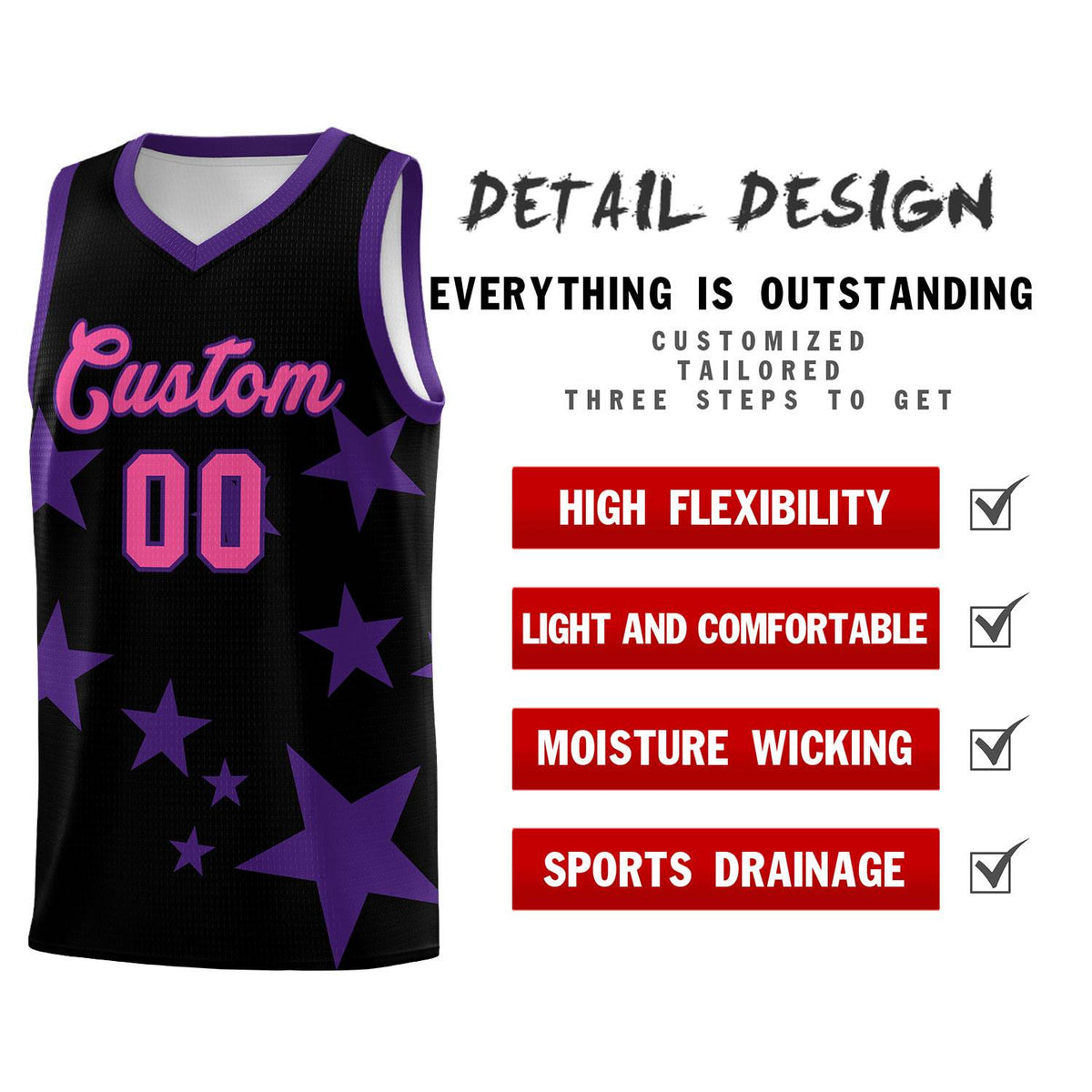 Custom Black Purple Graffiti Pattern Star Print Basketball Jersey Sets