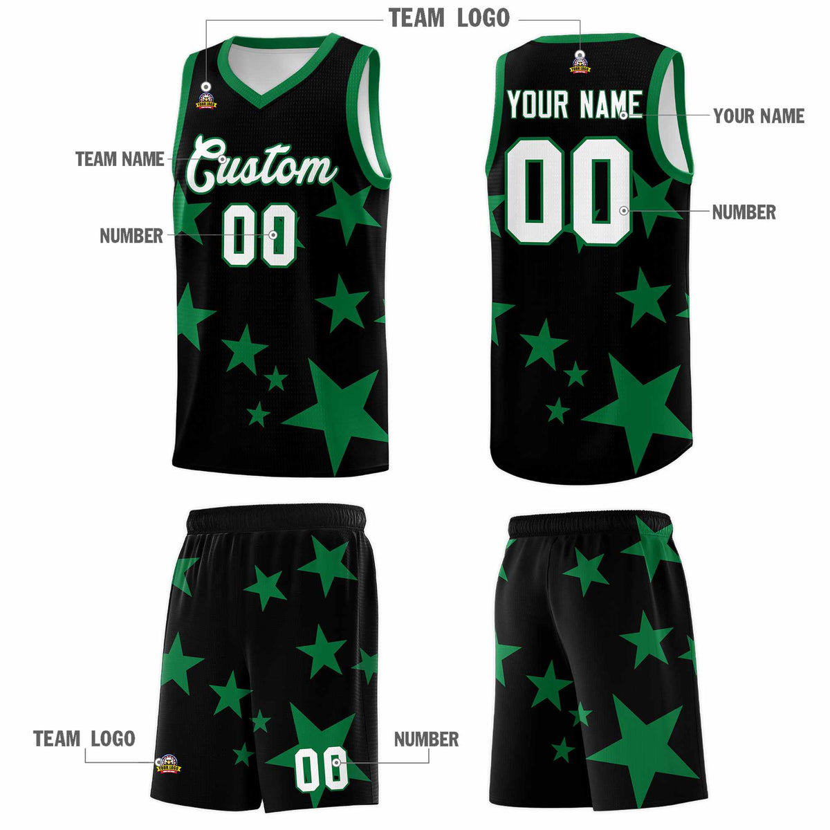Custom Black Kelly Green Graffiti Pattern Star Print Basketball Jersey Sets