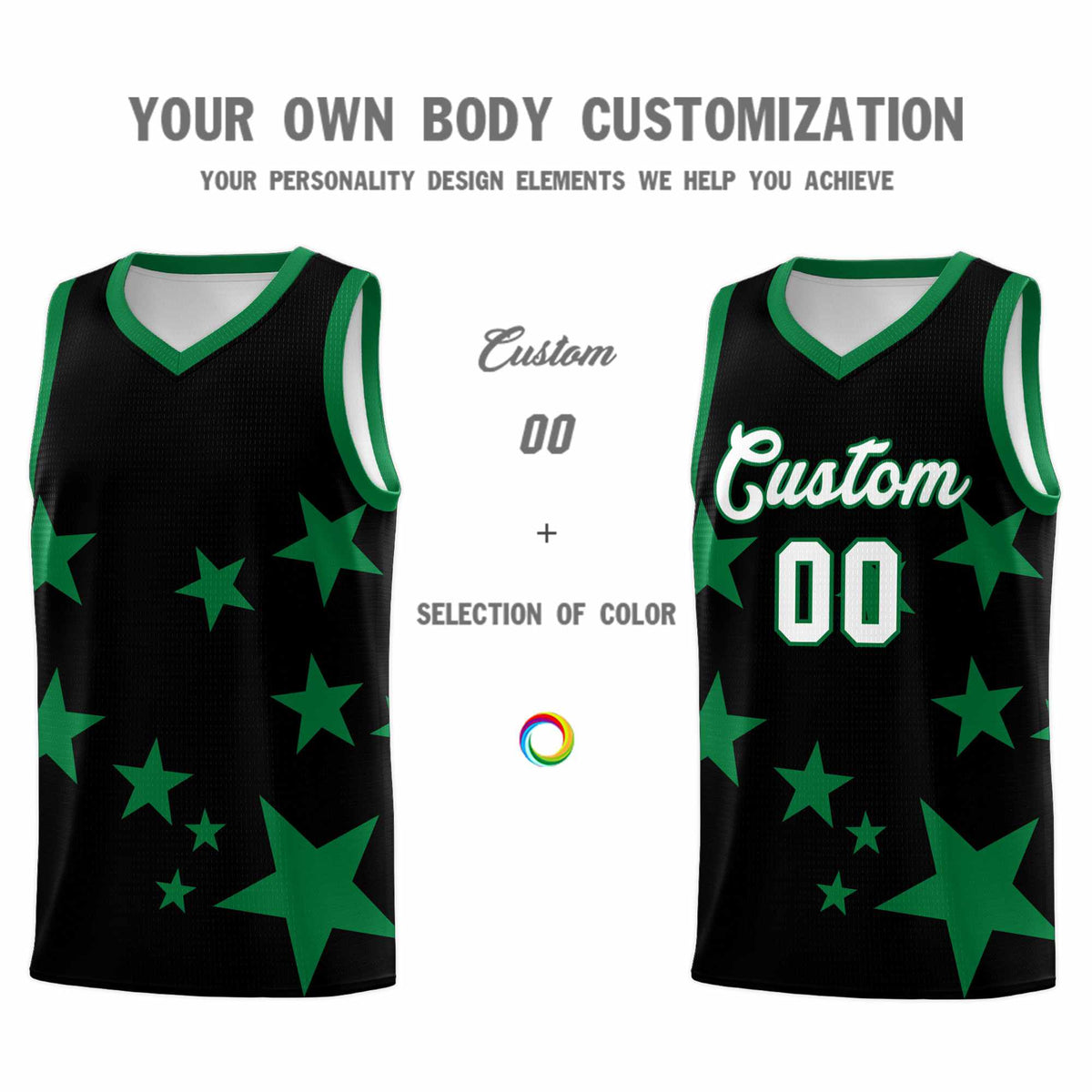 Custom Black Kelly Green Graffiti Pattern Star Print Basketball Jersey Sets