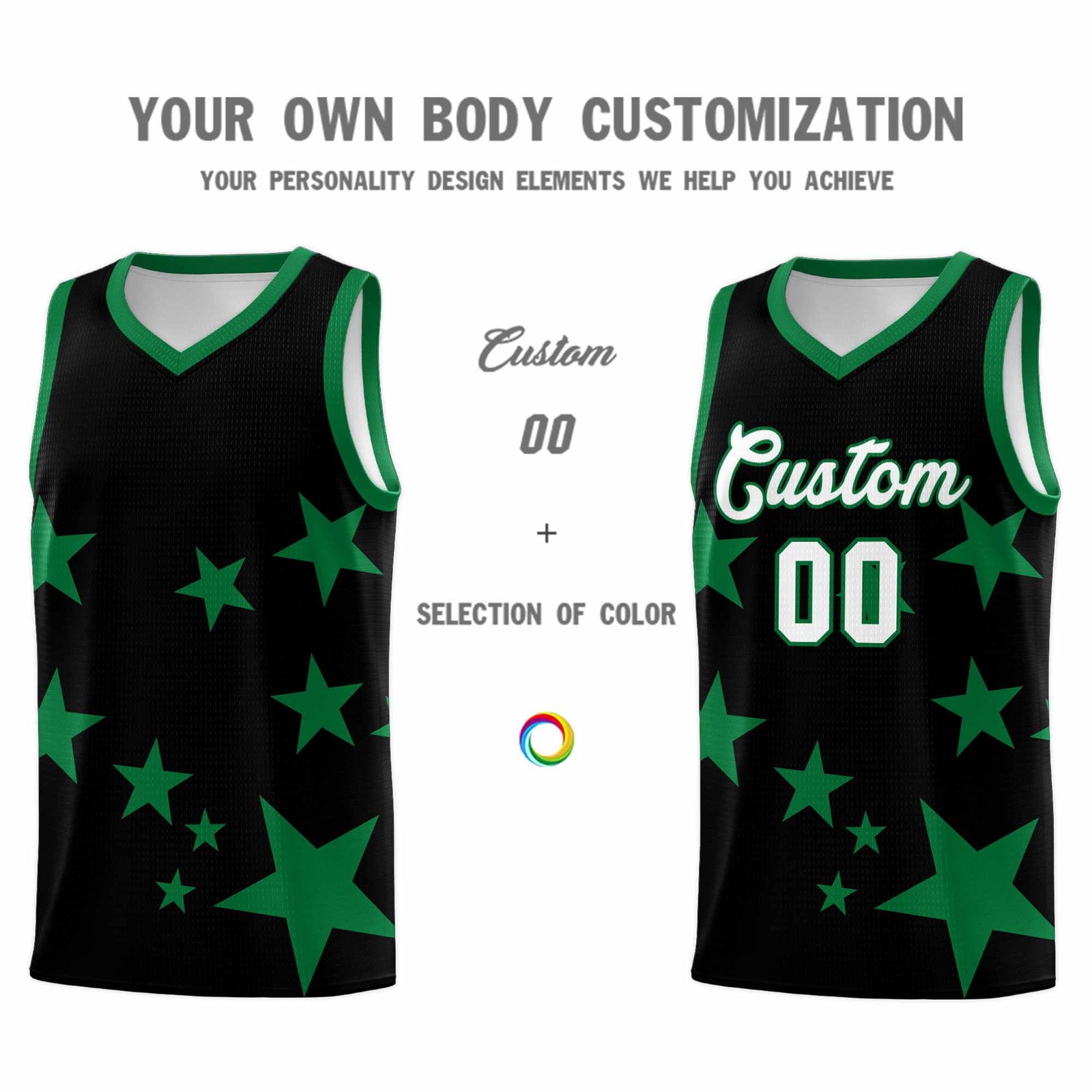 Custom Black Kelly Green Graffiti Pattern Star Print Basketball Jersey Sets