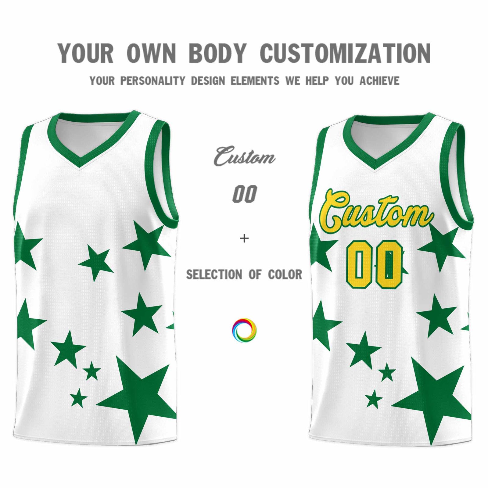 Custom White Kelly Green Graffiti Pattern Star Print Basketball Jersey Sets