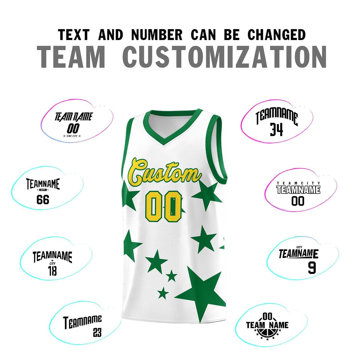 Custom White Kelly Green Graffiti Pattern Star Print Basketball Jersey Sets