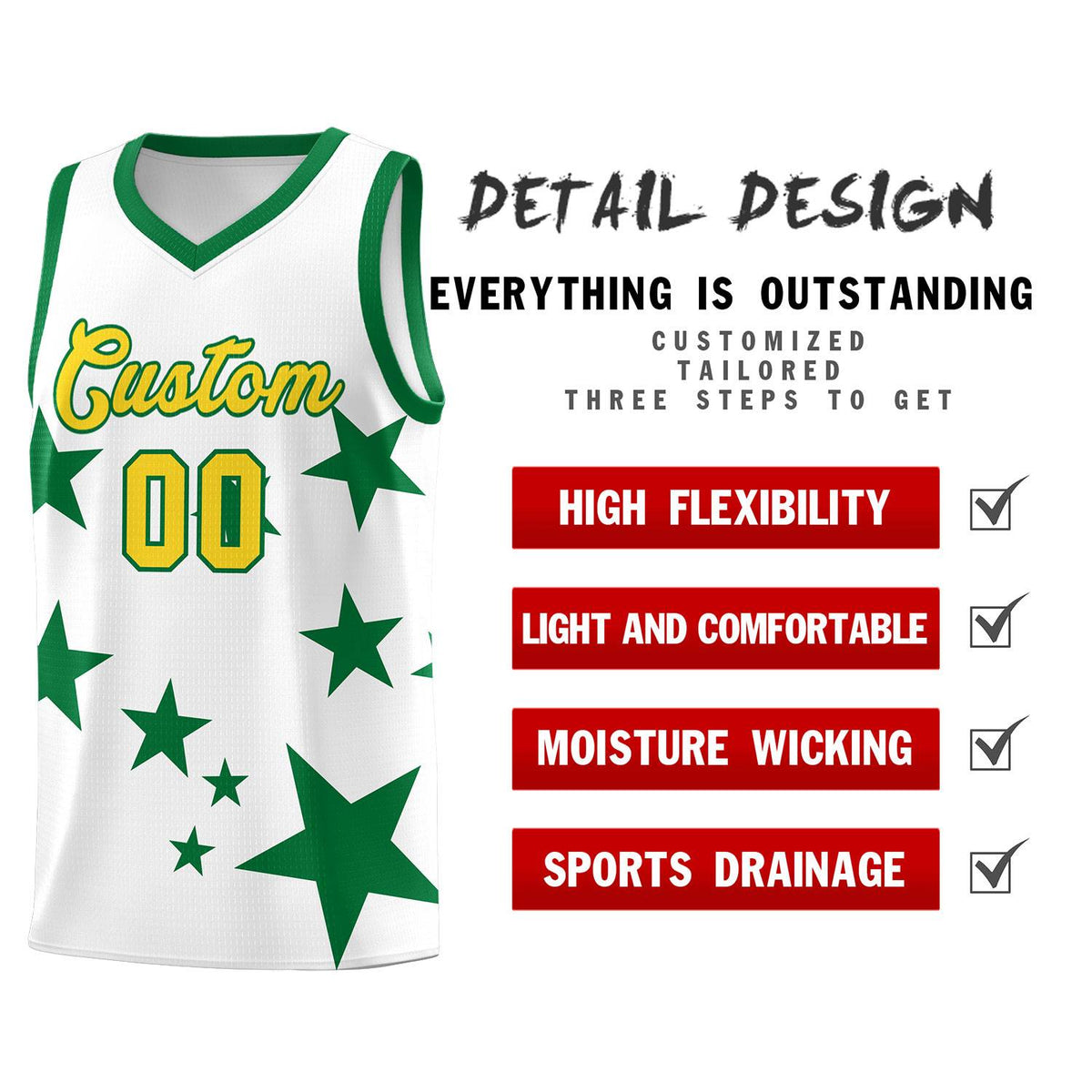 Custom White Kelly Green Graffiti Pattern Star Print Basketball Jersey Sets