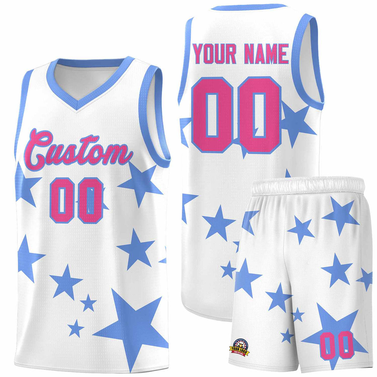 Custom White Light Blue Graffiti Pattern Star Print Basketball Jersey Sets