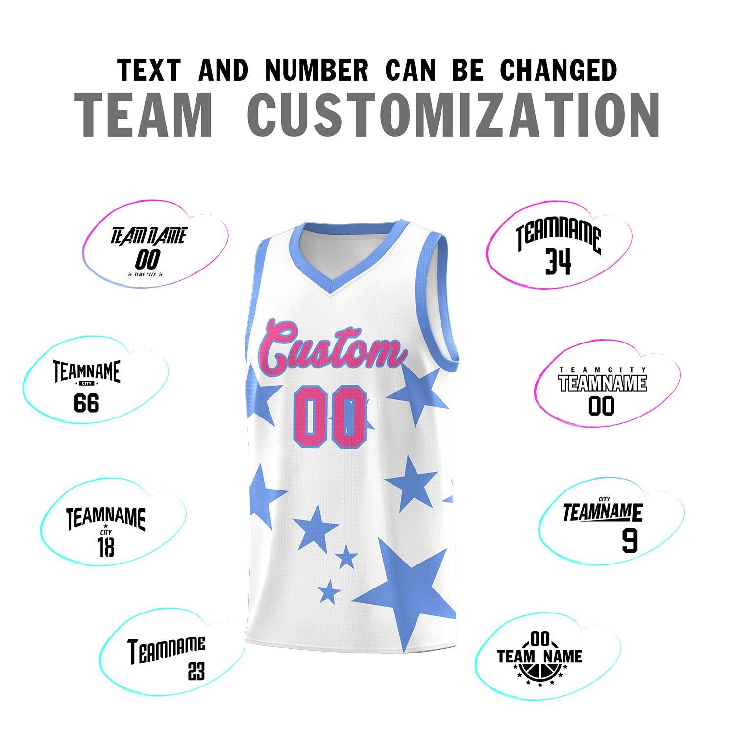 Custom White Light Blue Graffiti Pattern Star Print Basketball Jersey Sets