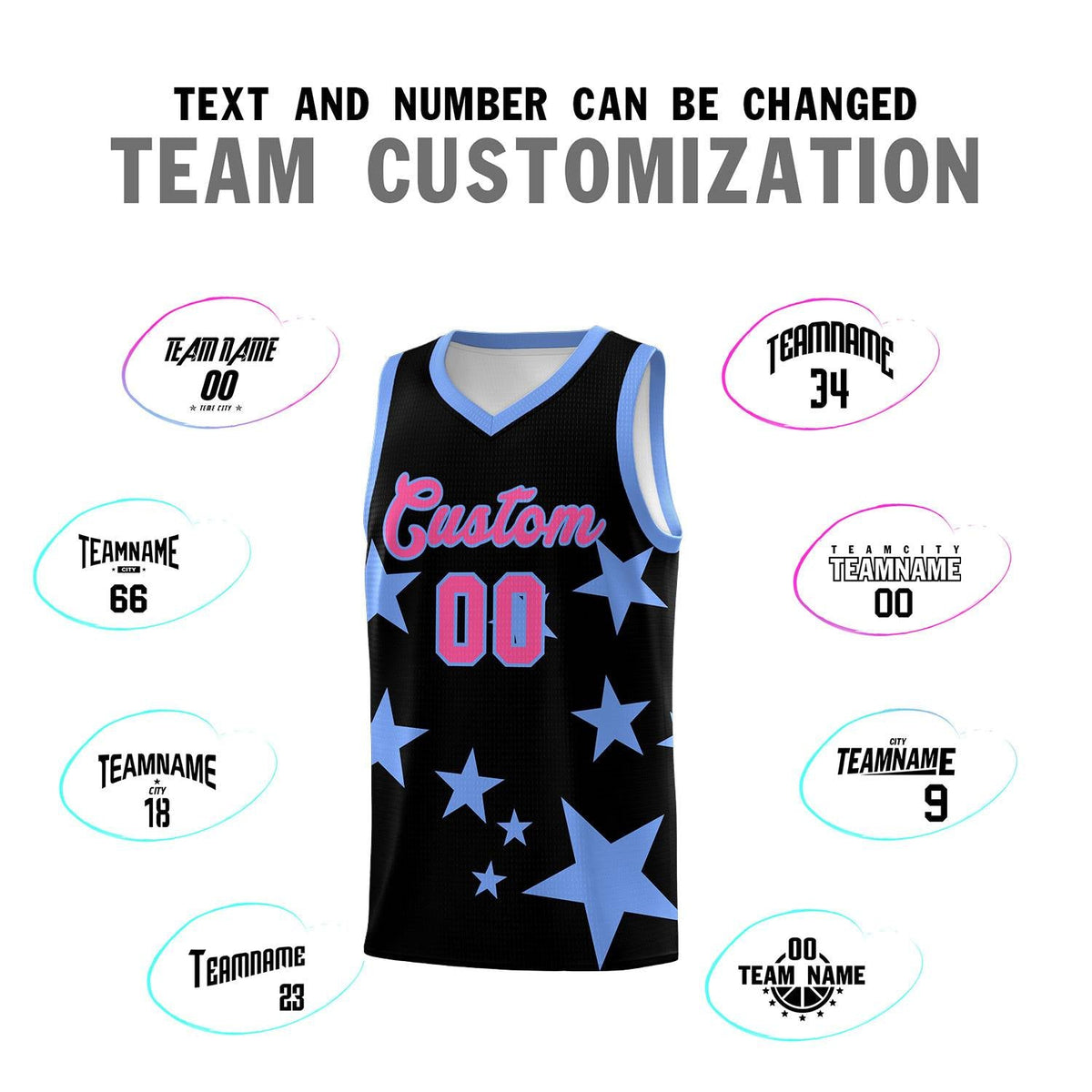 Custom Black Light Blue Graffiti Pattern Star Print Basketball Jersey Sets