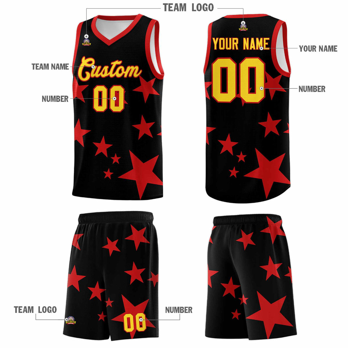 Custom Black Red Graffiti Pattern Star Print Basketball Jersey Sets
