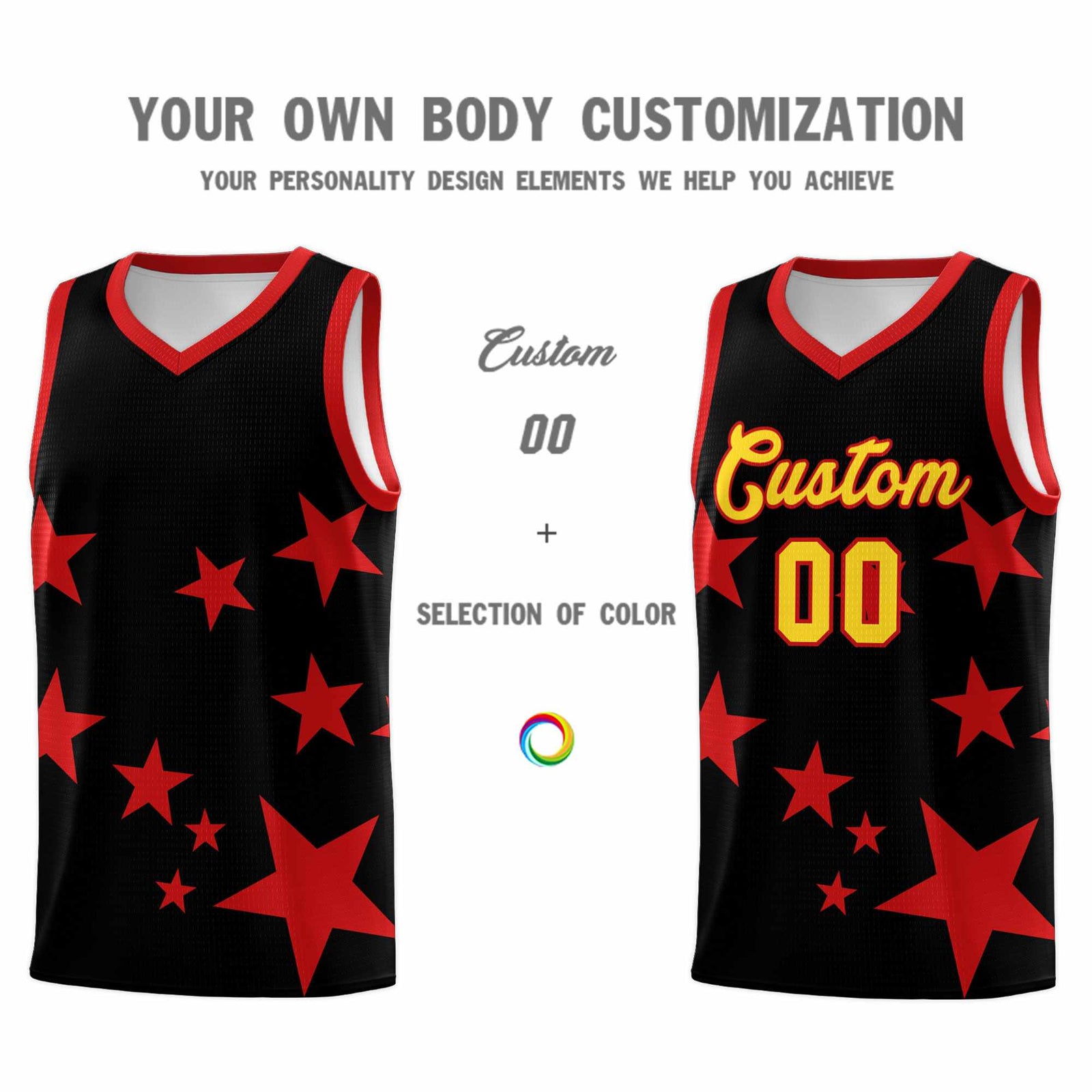 Custom Black Red Graffiti Pattern Star Print Basketball Jersey Sets