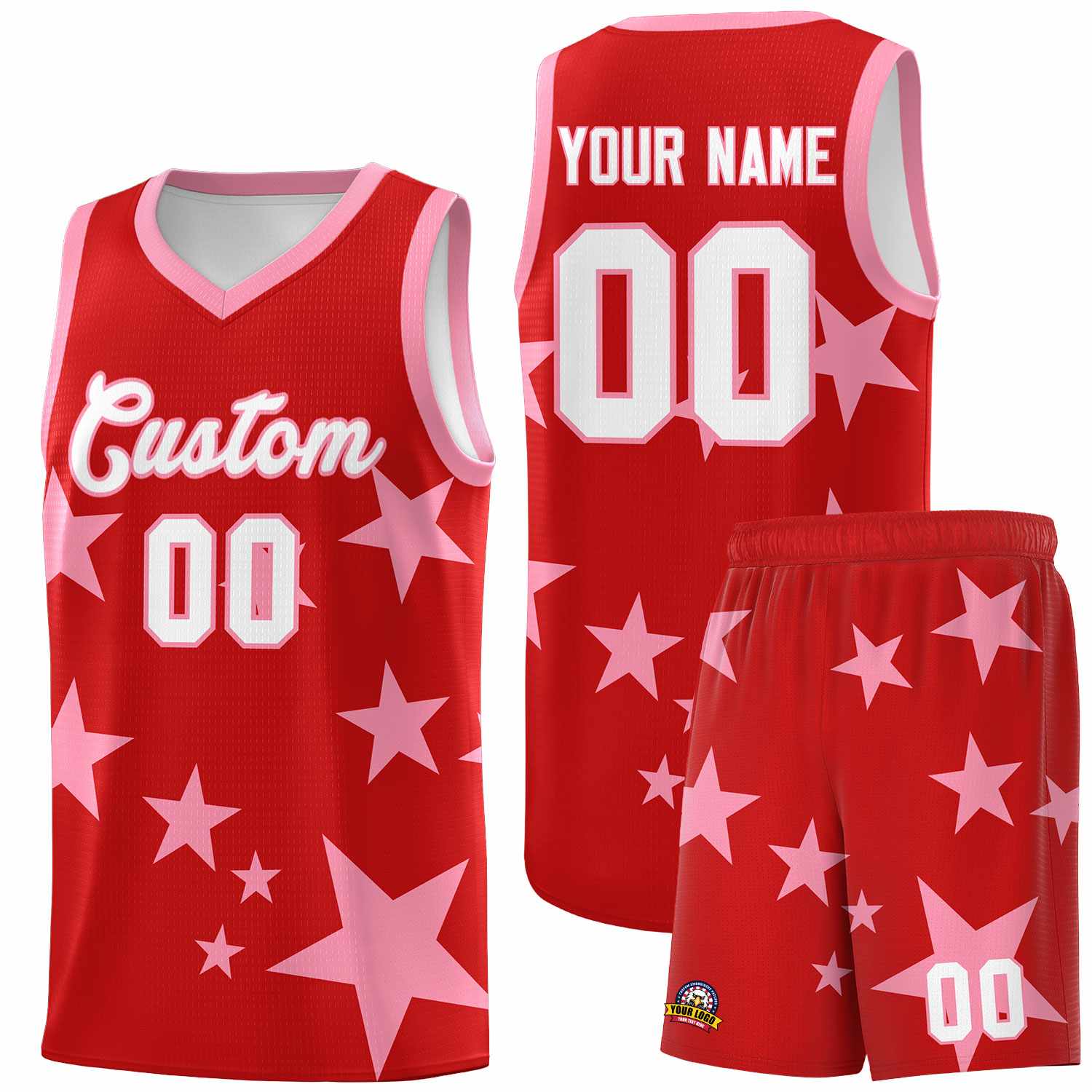 Custom Red Light Pink Graffiti Pattern Star Print Basketball Jersey Sets