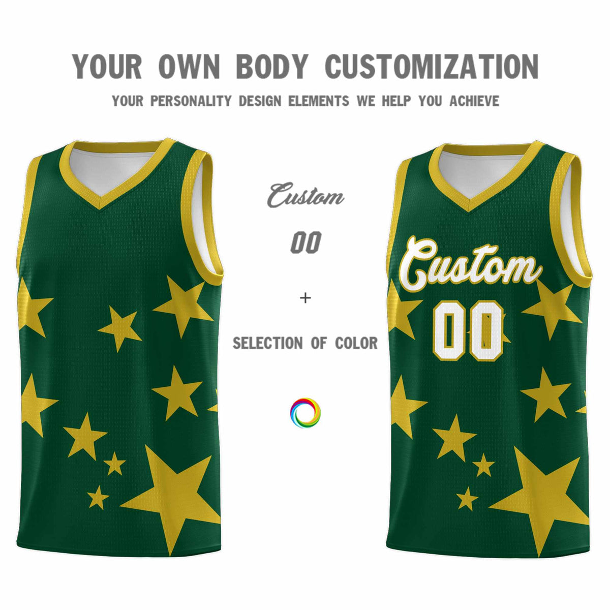Custom Green Old Gold Graffiti Pattern Star Print Basketball Jersey Sets