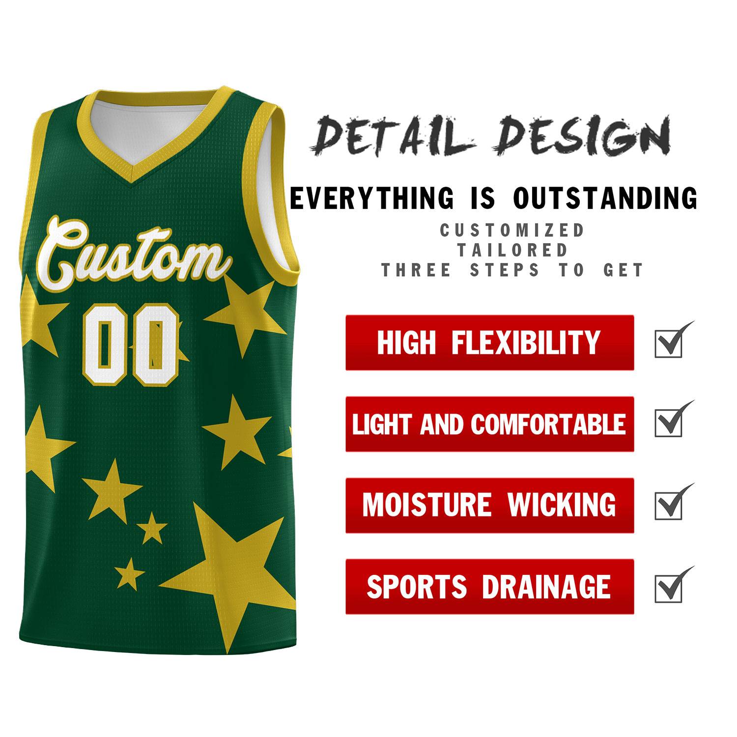 Custom Green Old Gold Graffiti Pattern Star Print Basketball Jersey Sets
