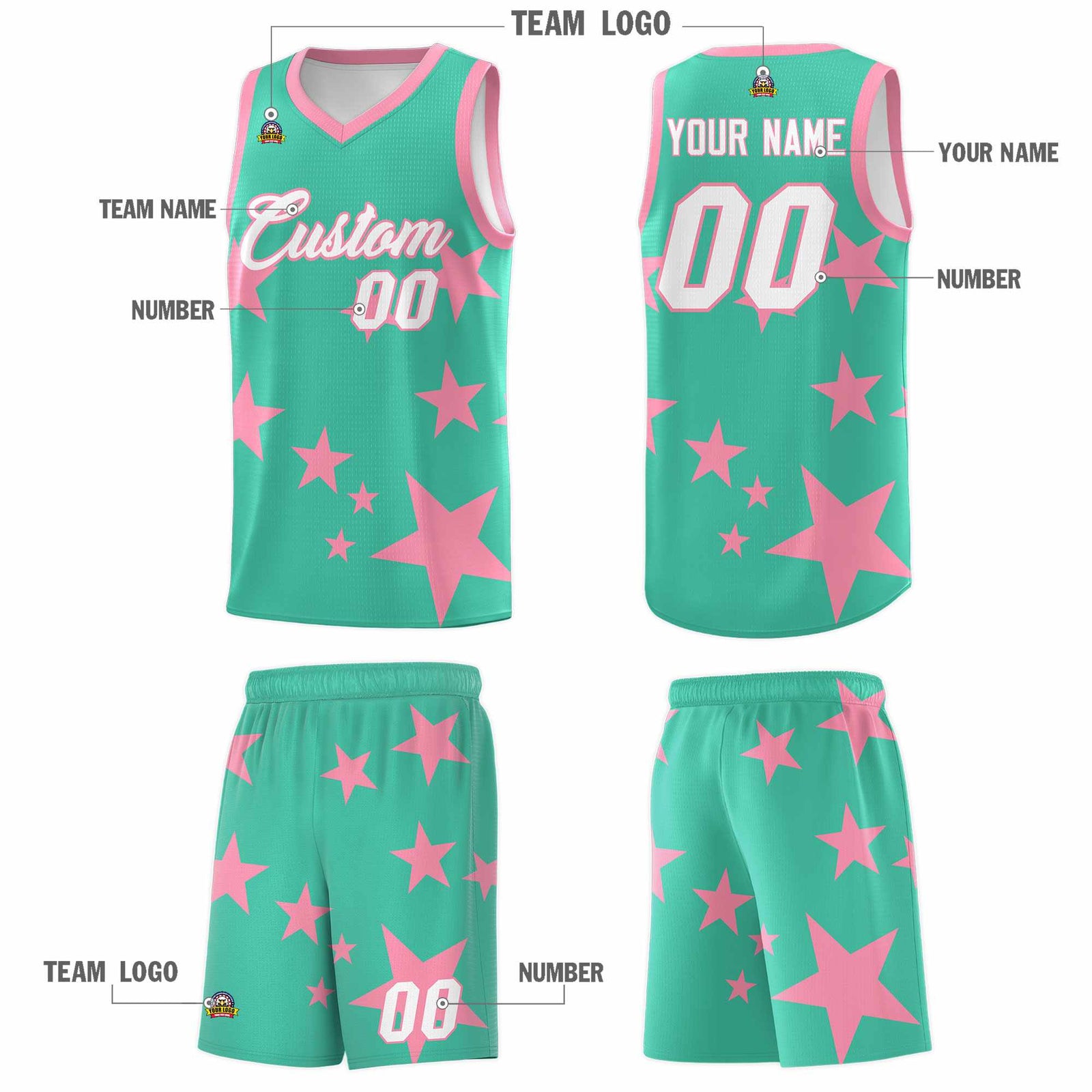 Custom Bright Green Light Pink Graffiti Pattern Star Print Basketball Jersey Sets