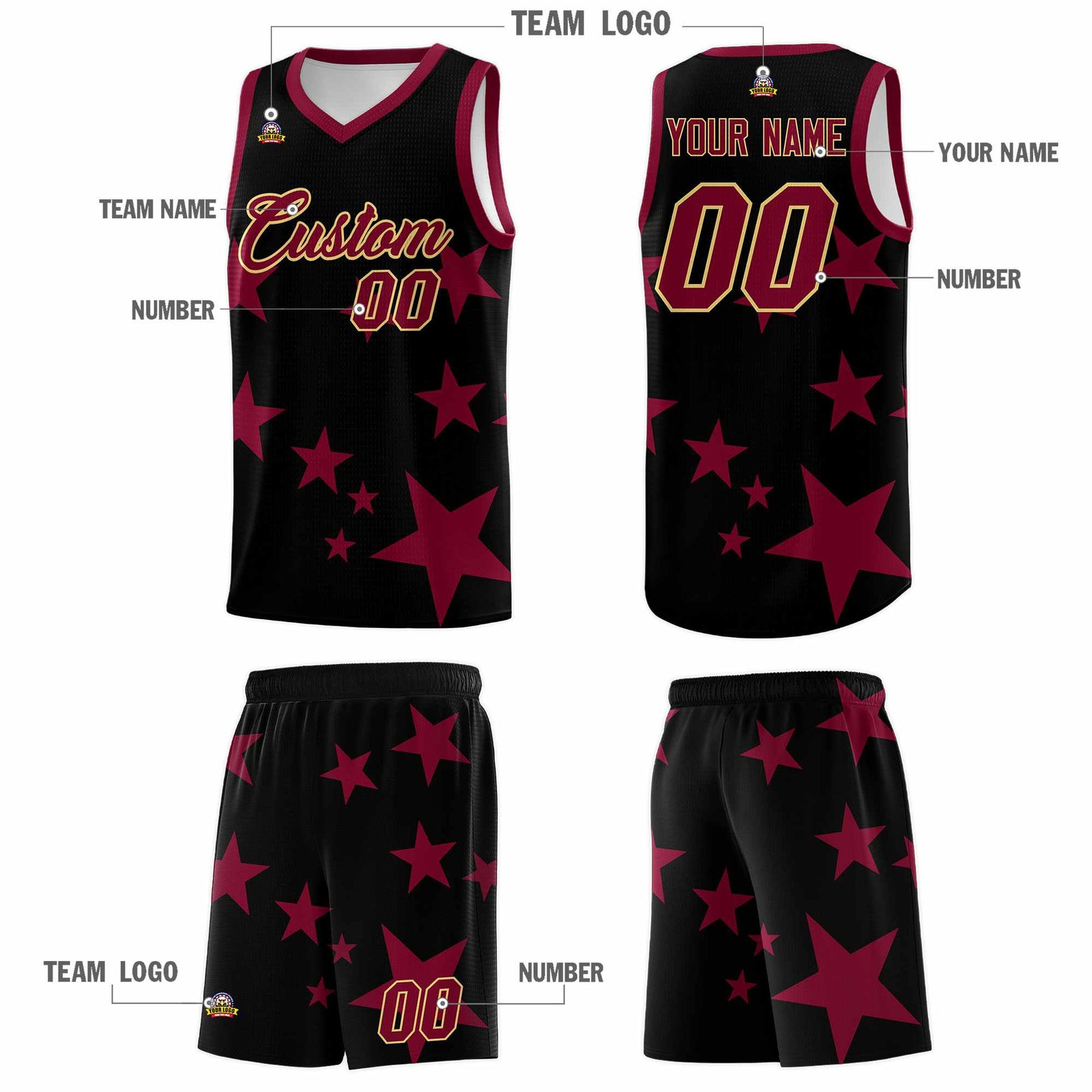 Custom Black Crimson Graffiti Pattern Star Print Basketball Jersey Sets