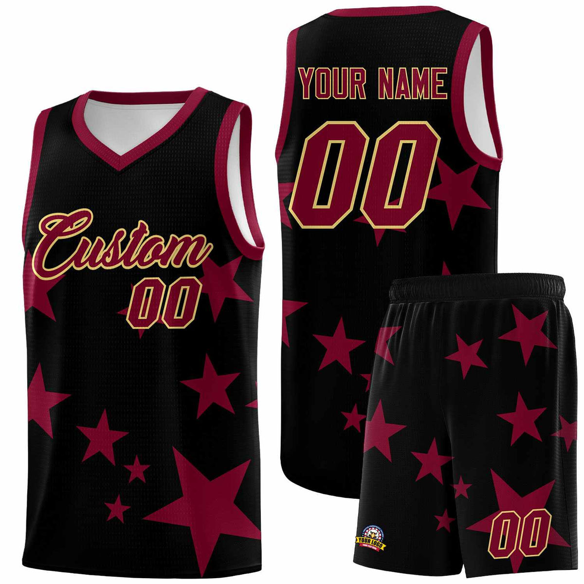 Custom Black Crimson Graffiti Pattern Star Print Basketball Jersey Sets