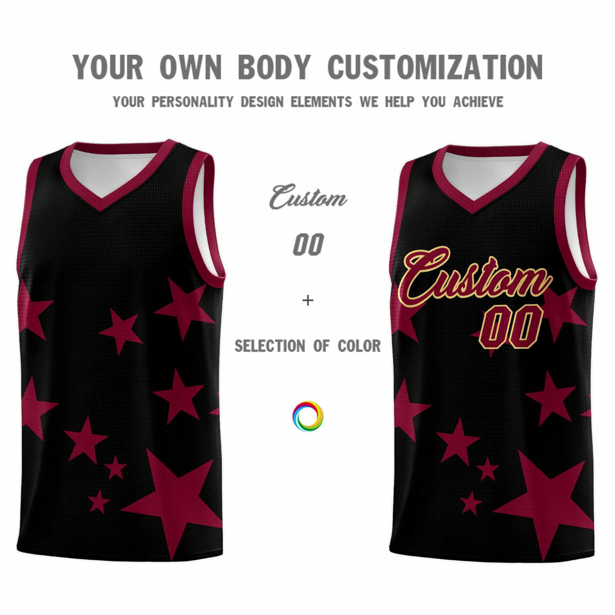 Custom Black Crimson Graffiti Pattern Star Print Basketball Jersey Sets