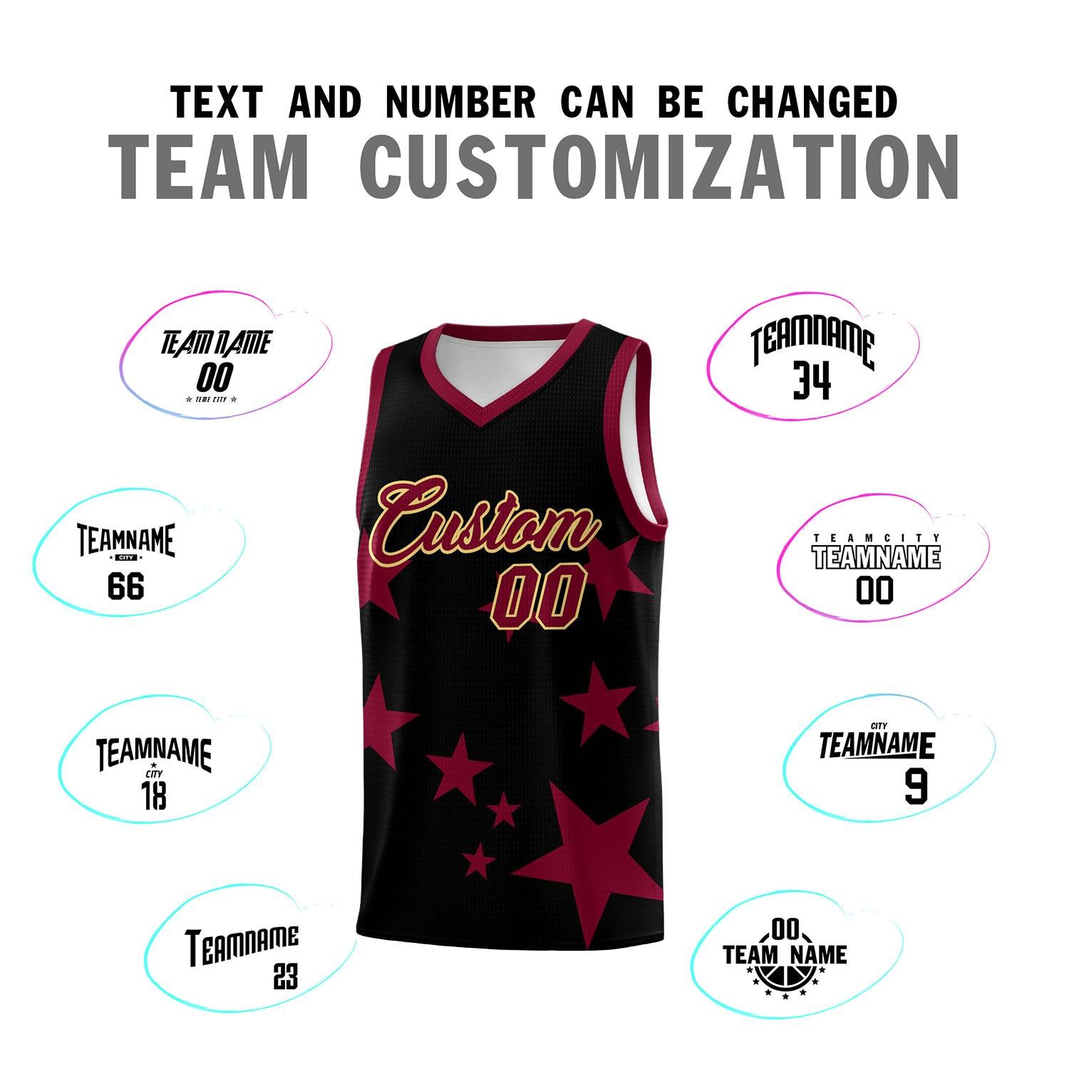 Custom Black Crimson Graffiti Pattern Star Print Basketball Jersey Sets