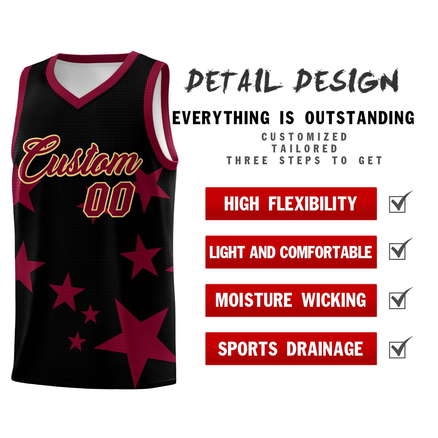 Custom Black Crimson Graffiti Pattern Star Print Basketball Jersey Sets
