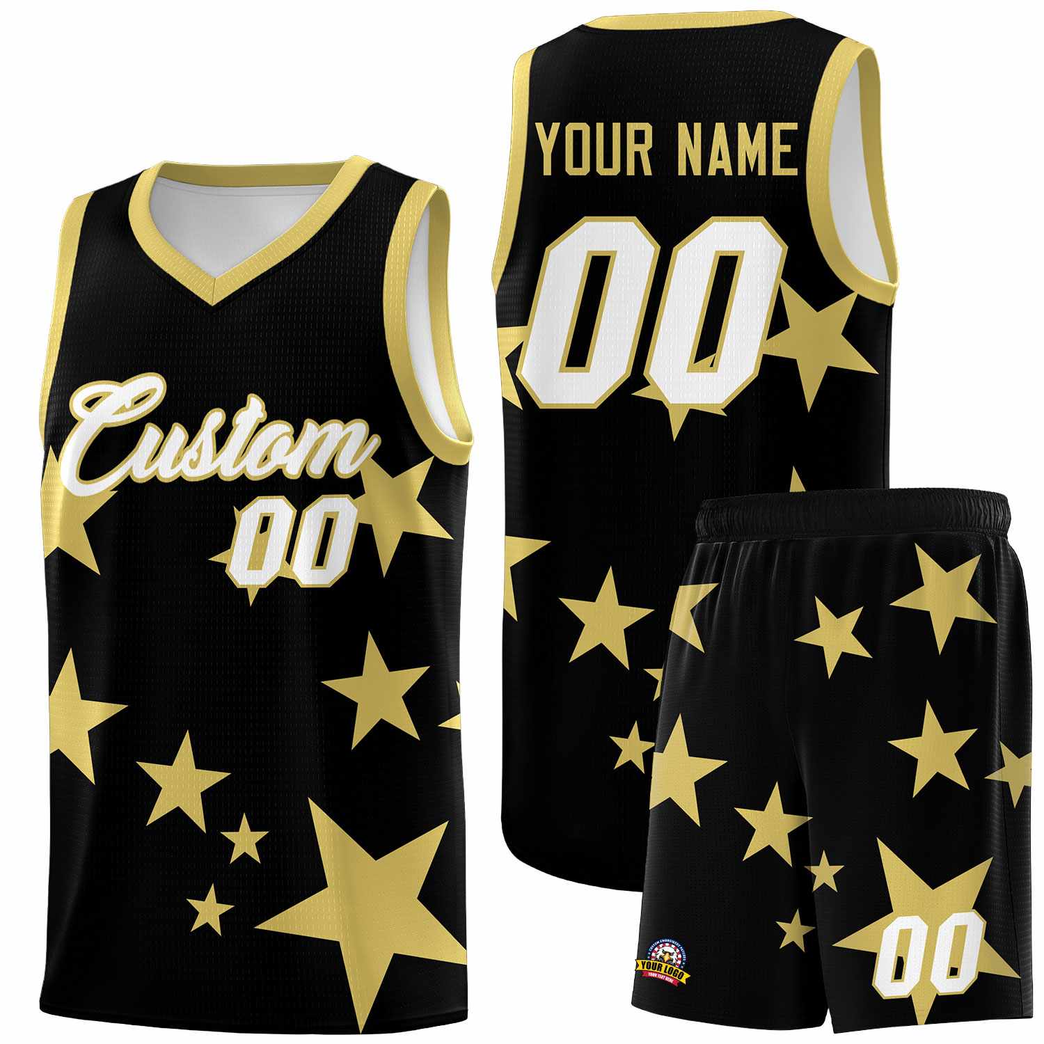 Custom Black Old Gold Graffiti Pattern Star Print Basketball Jersey Sets