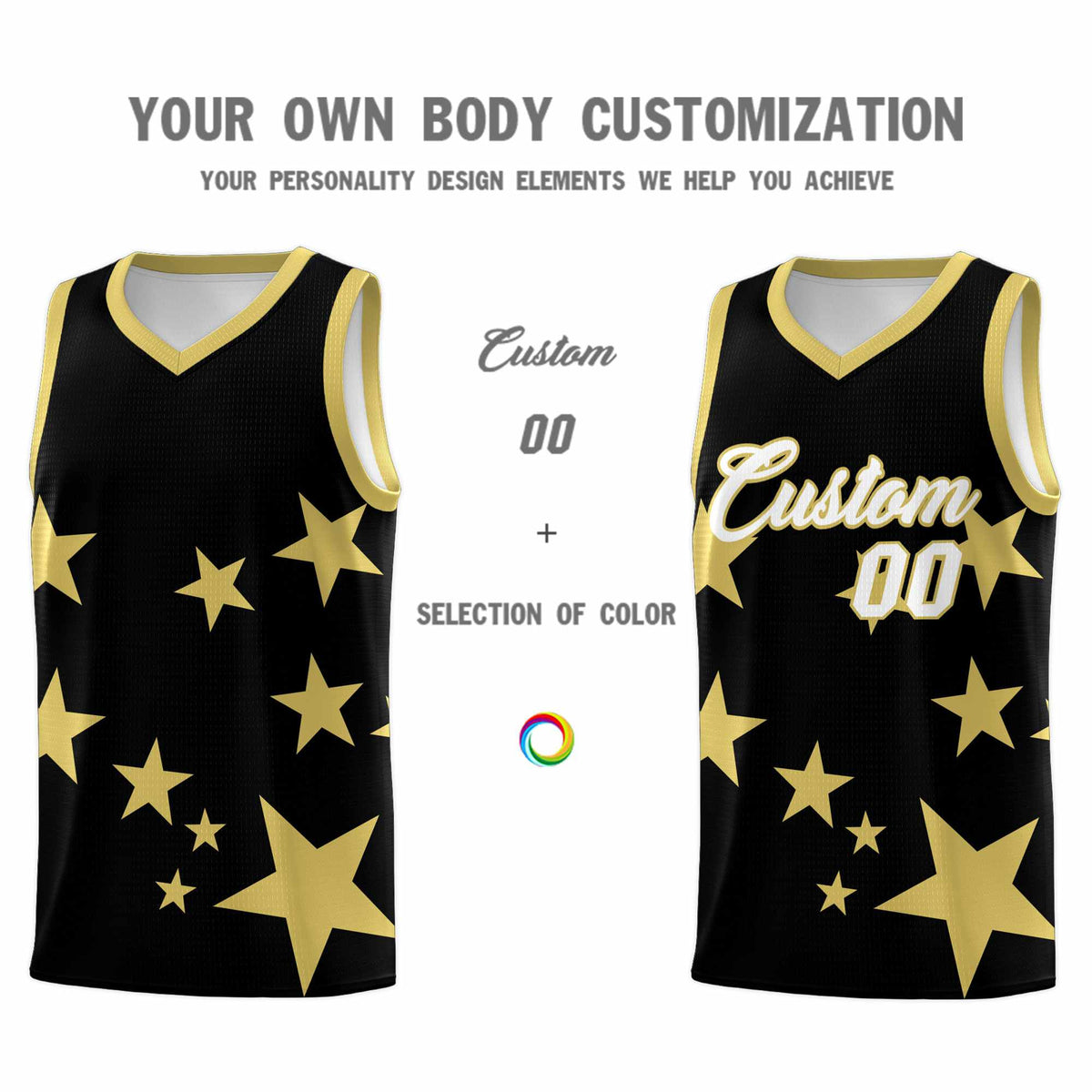 Custom Black Old Gold Graffiti Pattern Star Print Basketball Jersey Sets