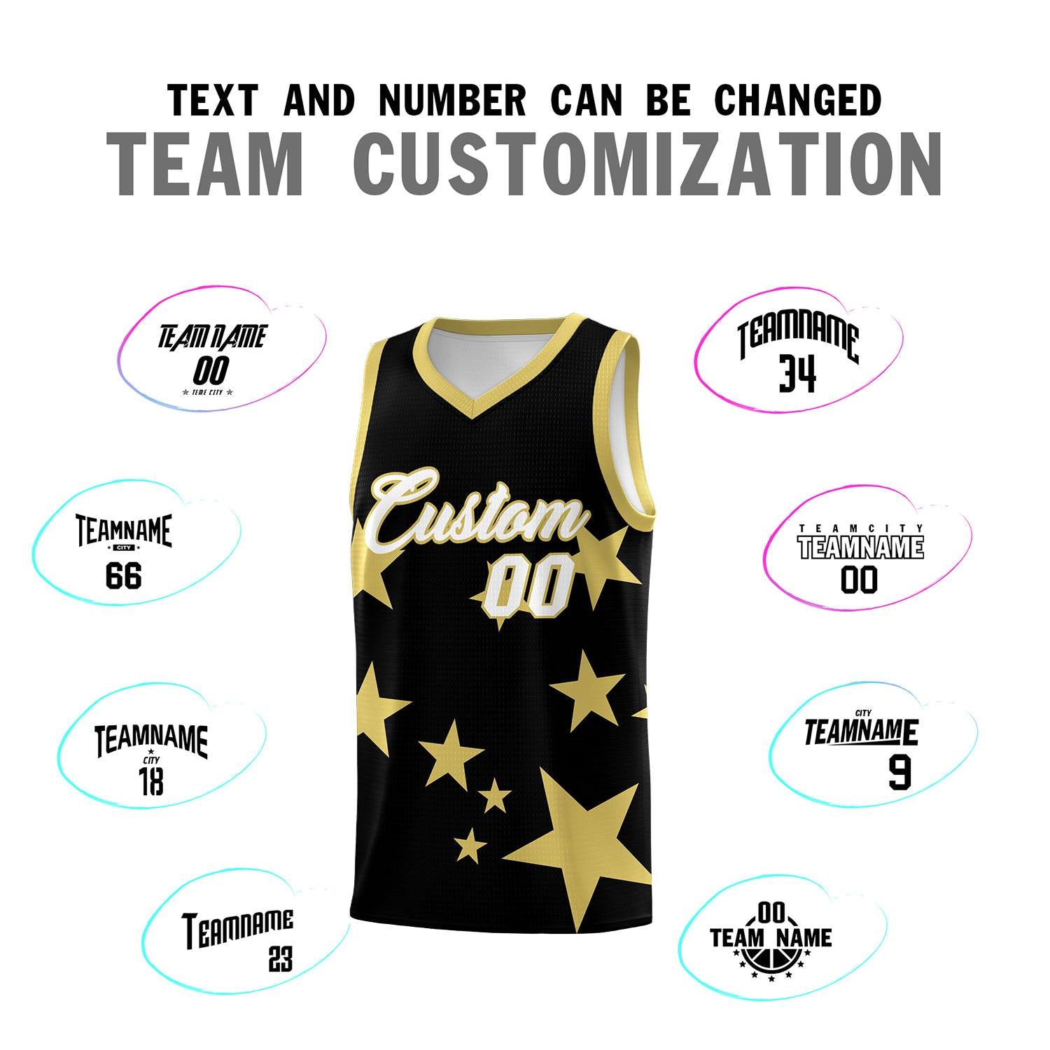 Custom Black Old Gold Graffiti Pattern Star Print Basketball Jersey Sets