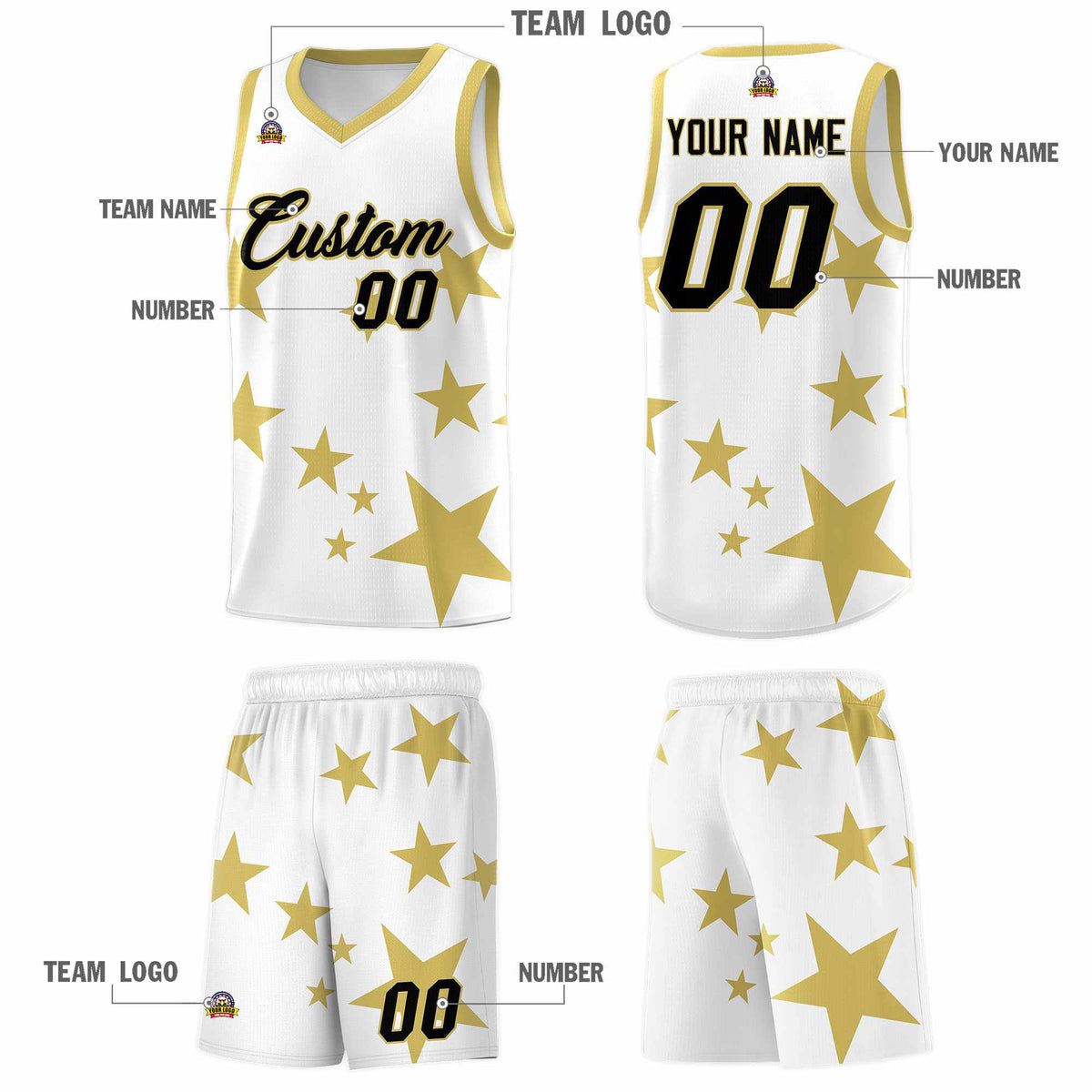 Custom White Old Gold Graffiti Pattern Star Print Basketball Jersey Sets
