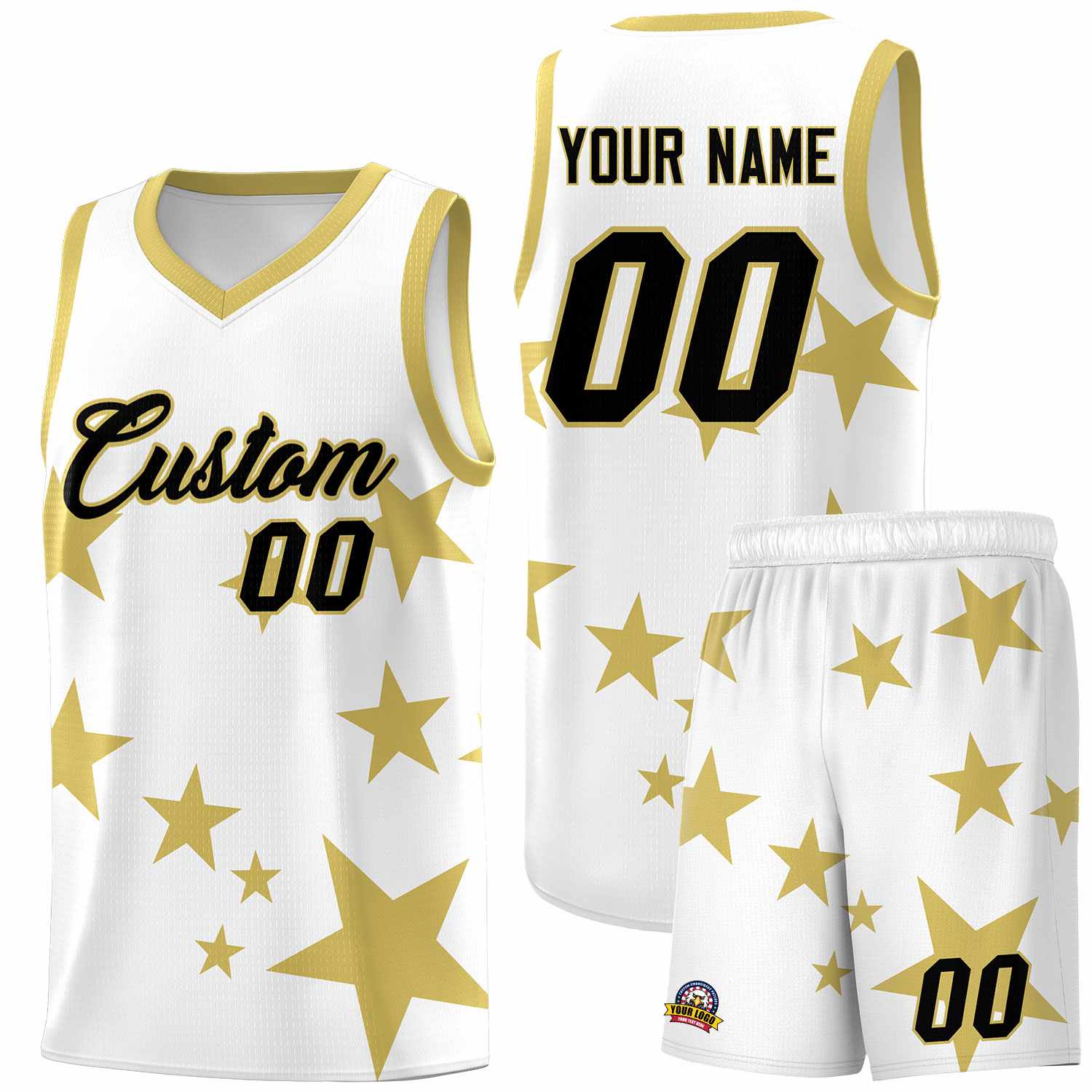 Custom White Old Gold Graffiti Pattern Star Print Basketball Jersey Sets