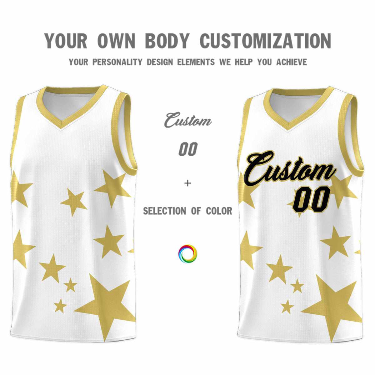 Custom White Old Gold Graffiti Pattern Star Print Basketball Jersey Sets