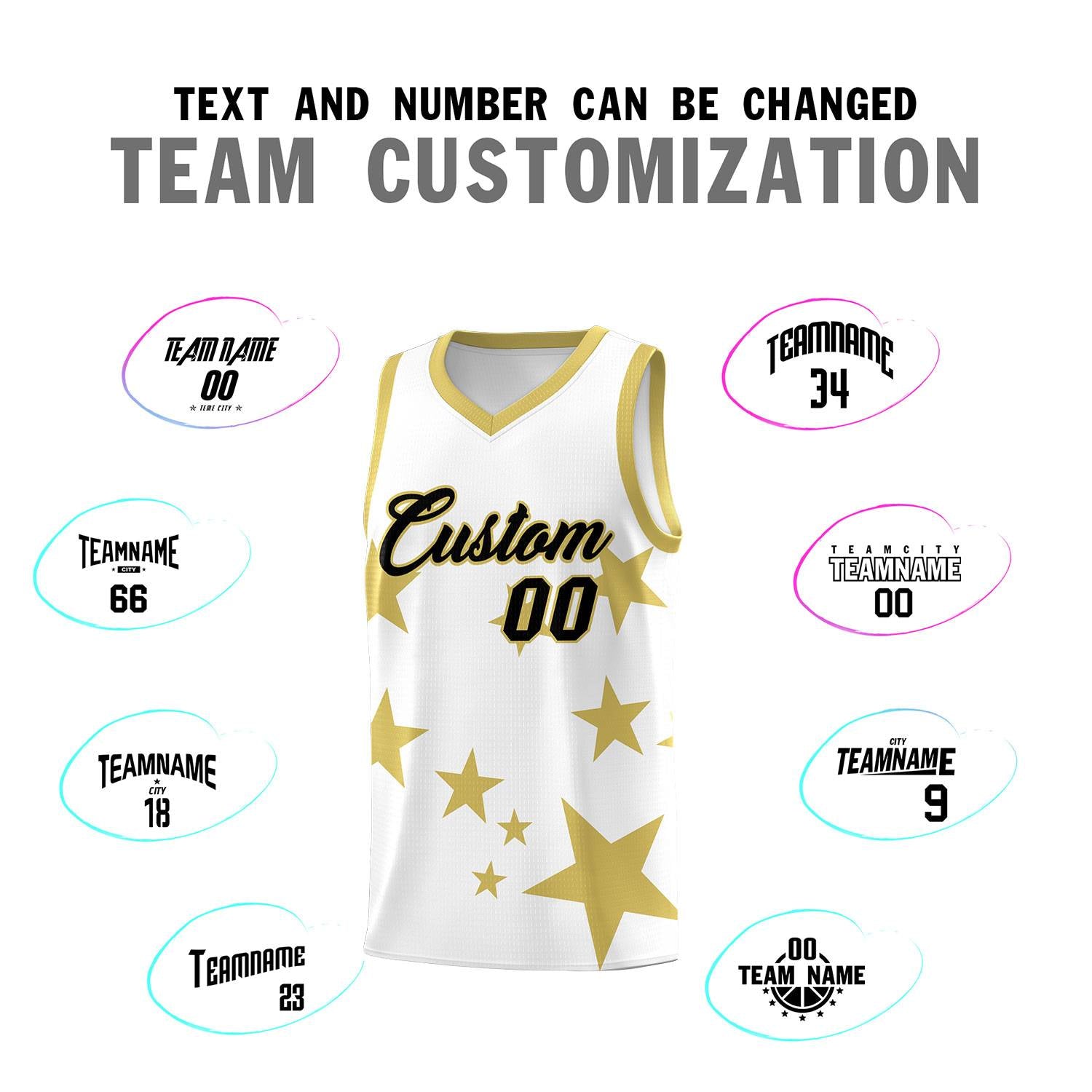 Custom White Old Gold Graffiti Pattern Star Print Basketball Jersey Sets