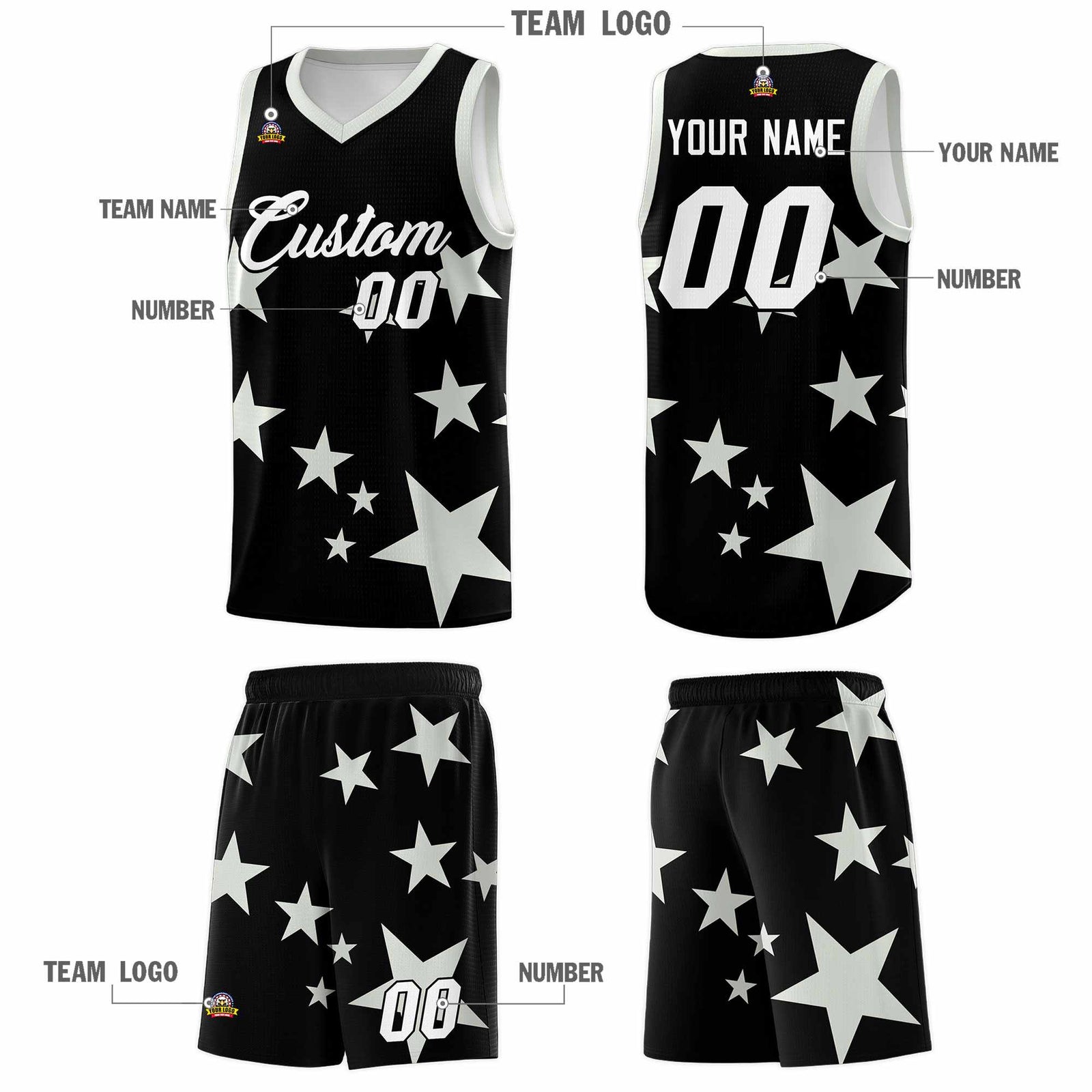 Custom Black Gray Graffiti Pattern Star Print Basketball Jersey Sets