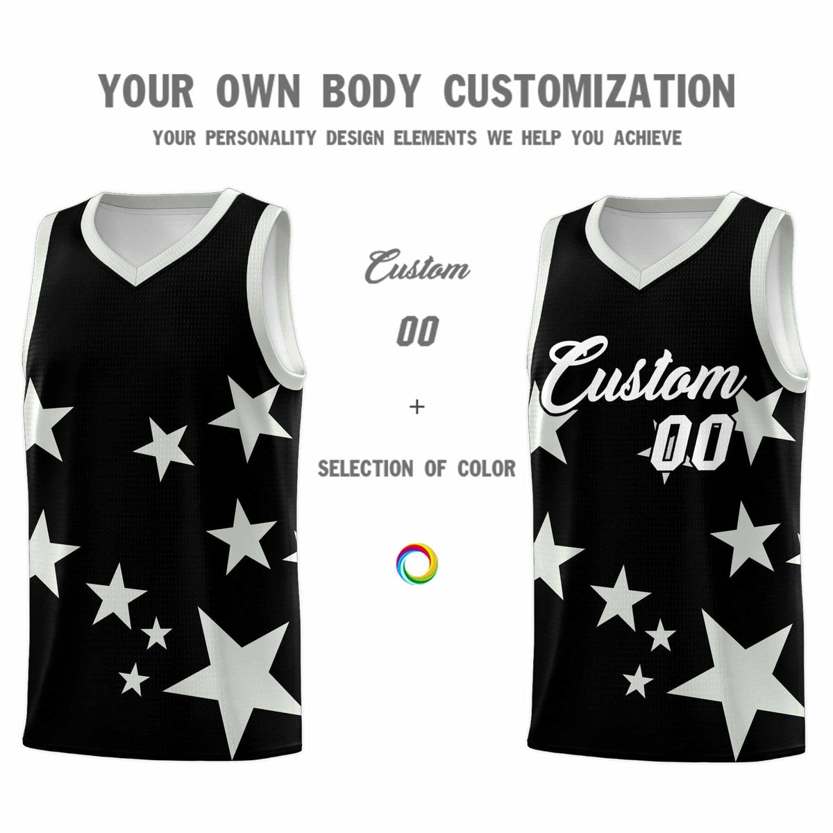 Custom Black Gray Graffiti Pattern Star Print Basketball Jersey Sets