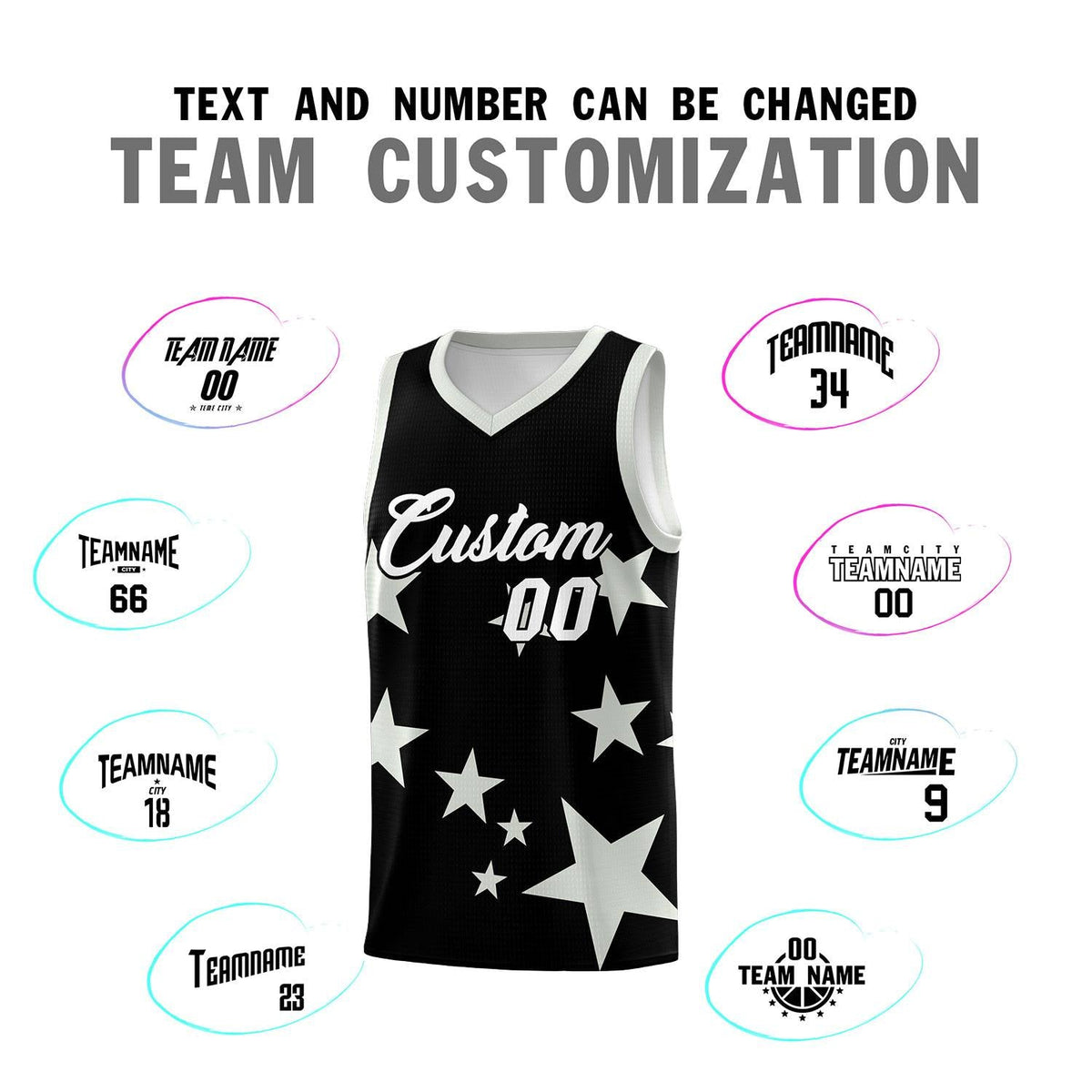 Custom Black Gray Graffiti Pattern Star Print Basketball Jersey Sets