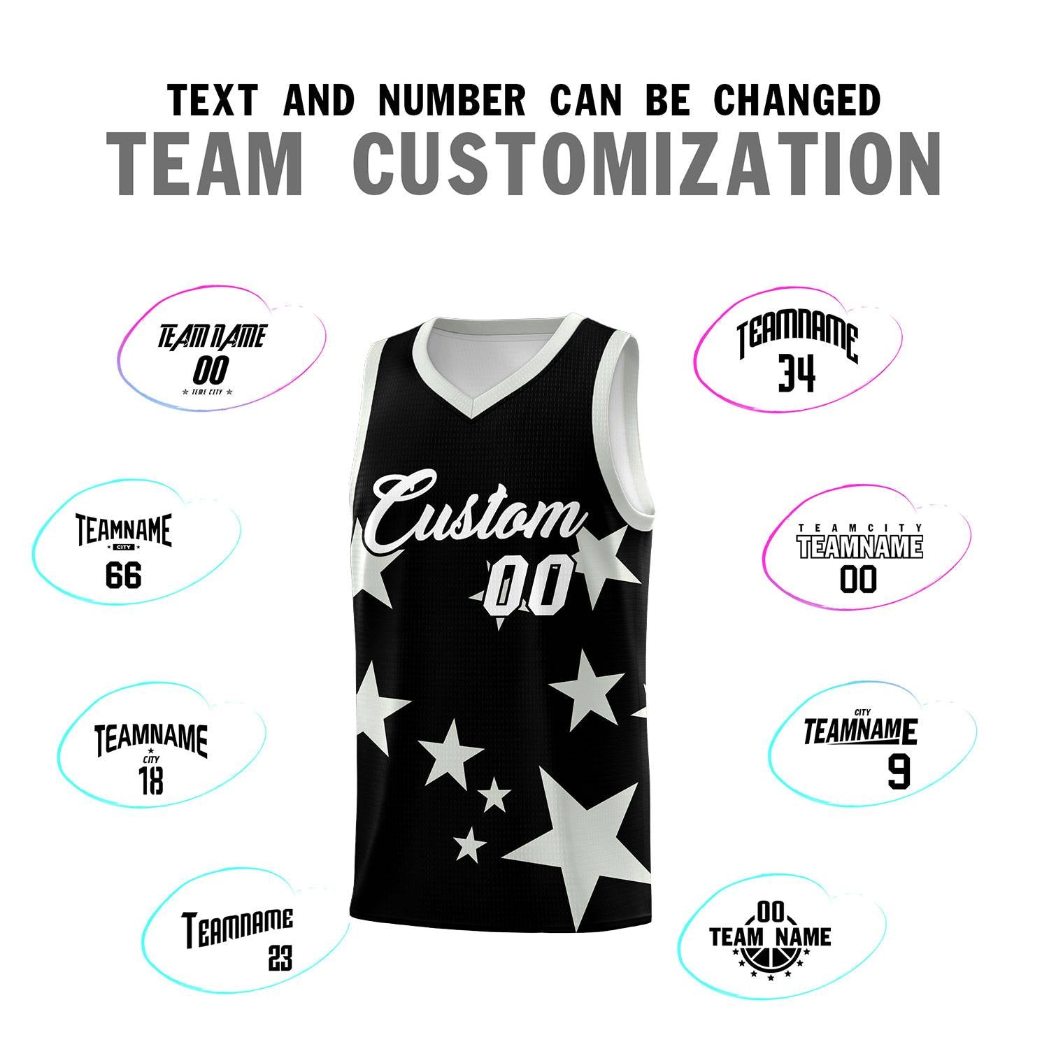 Custom Black Gray Graffiti Pattern Star Print Basketball Jersey Sets