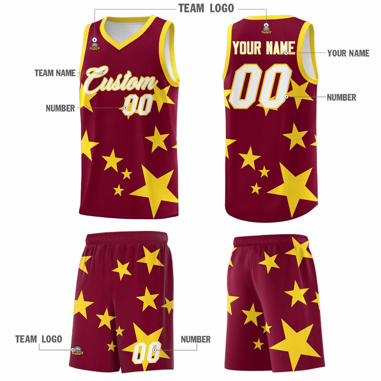 Custom Crimson Gold Graffiti Pattern Star Print Basketball Jersey Sets