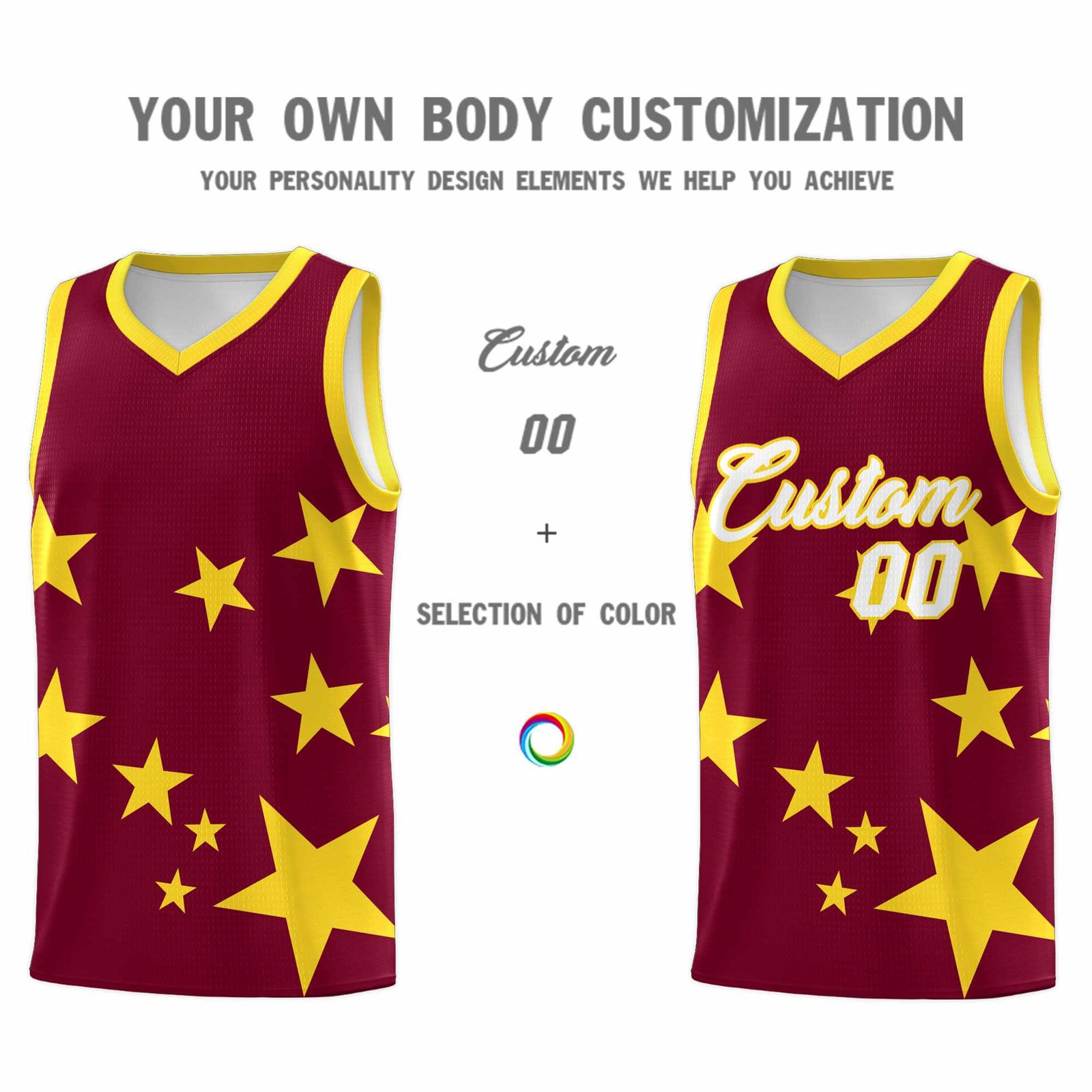 Custom Crimson Gold Graffiti Pattern Star Print Basketball Jersey Sets