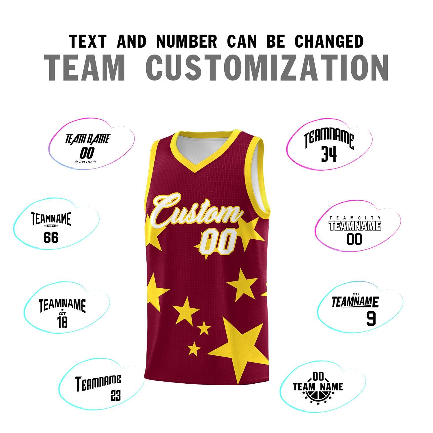Custom Crimson Gold Graffiti Pattern Star Print Basketball Jersey Sets