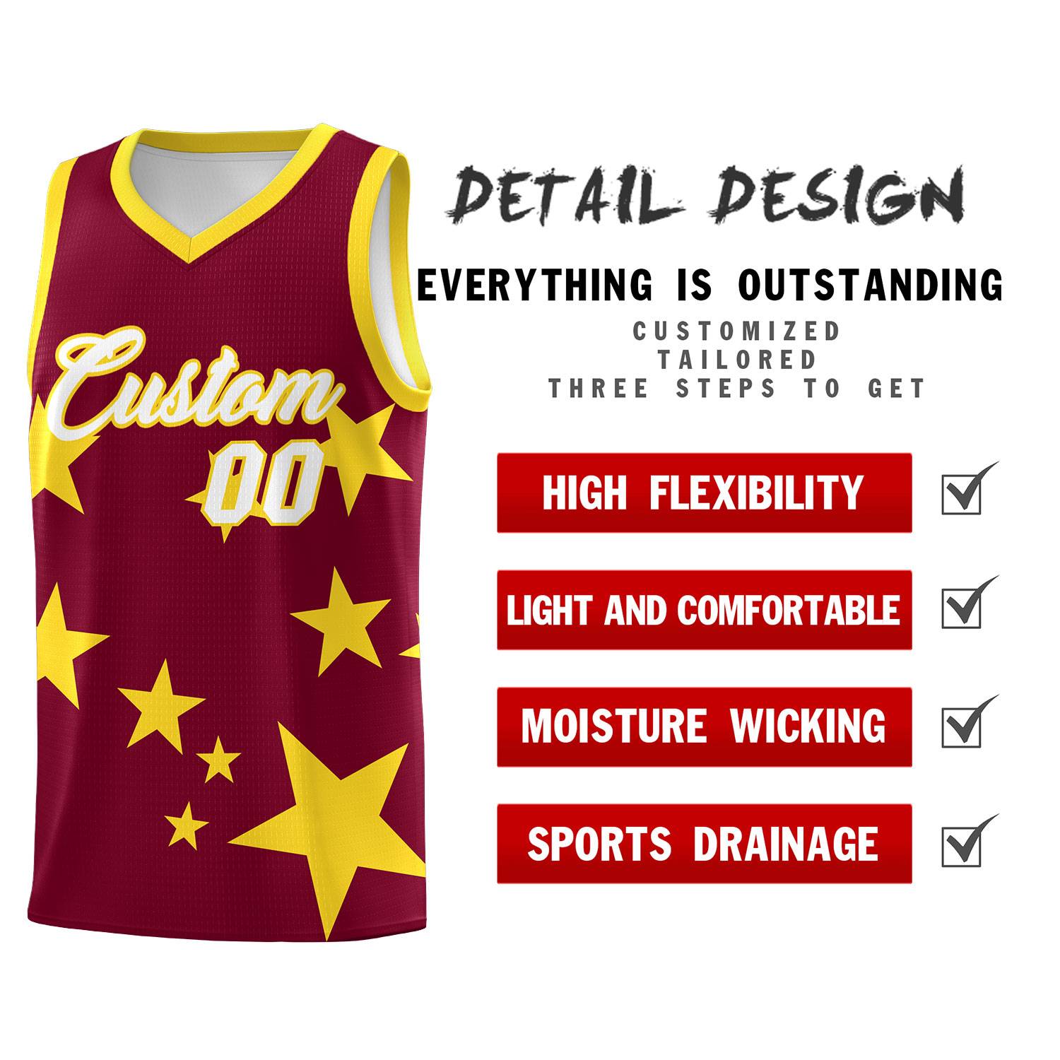 Custom Crimson Gold Graffiti Pattern Star Print Basketball Jersey Sets