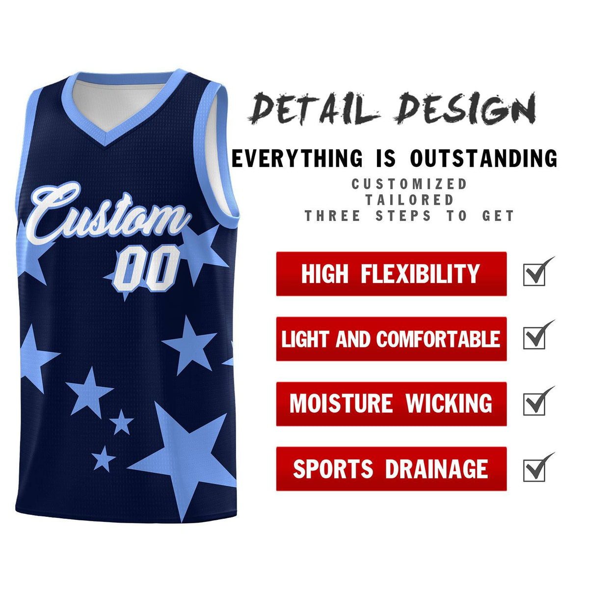 Custom Navy Light Blue Graffiti Pattern Star Print Basketball Jersey Sets