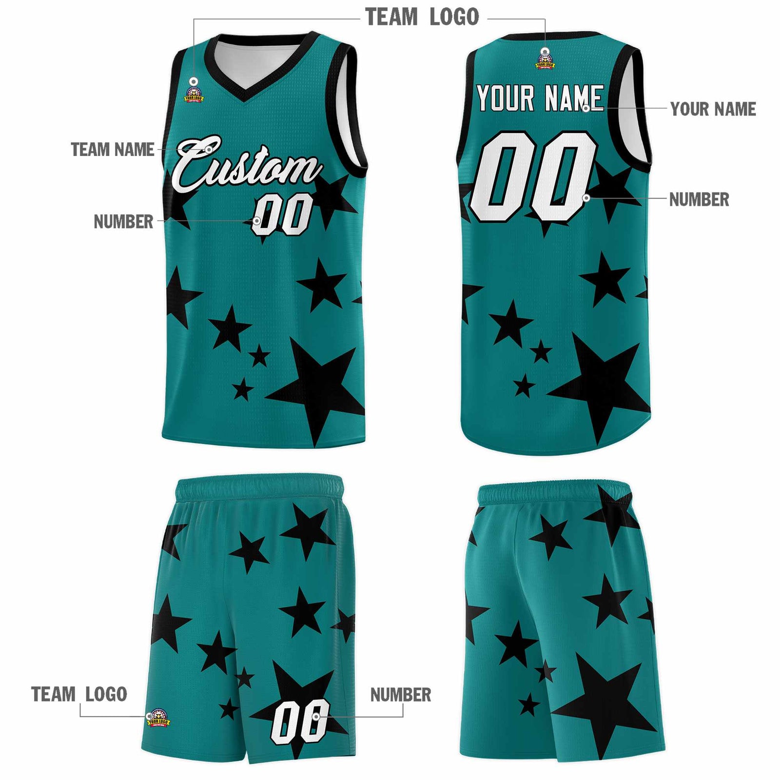 Custom Aqua Black Graffiti Pattern Star Print Basketball Jersey Sets