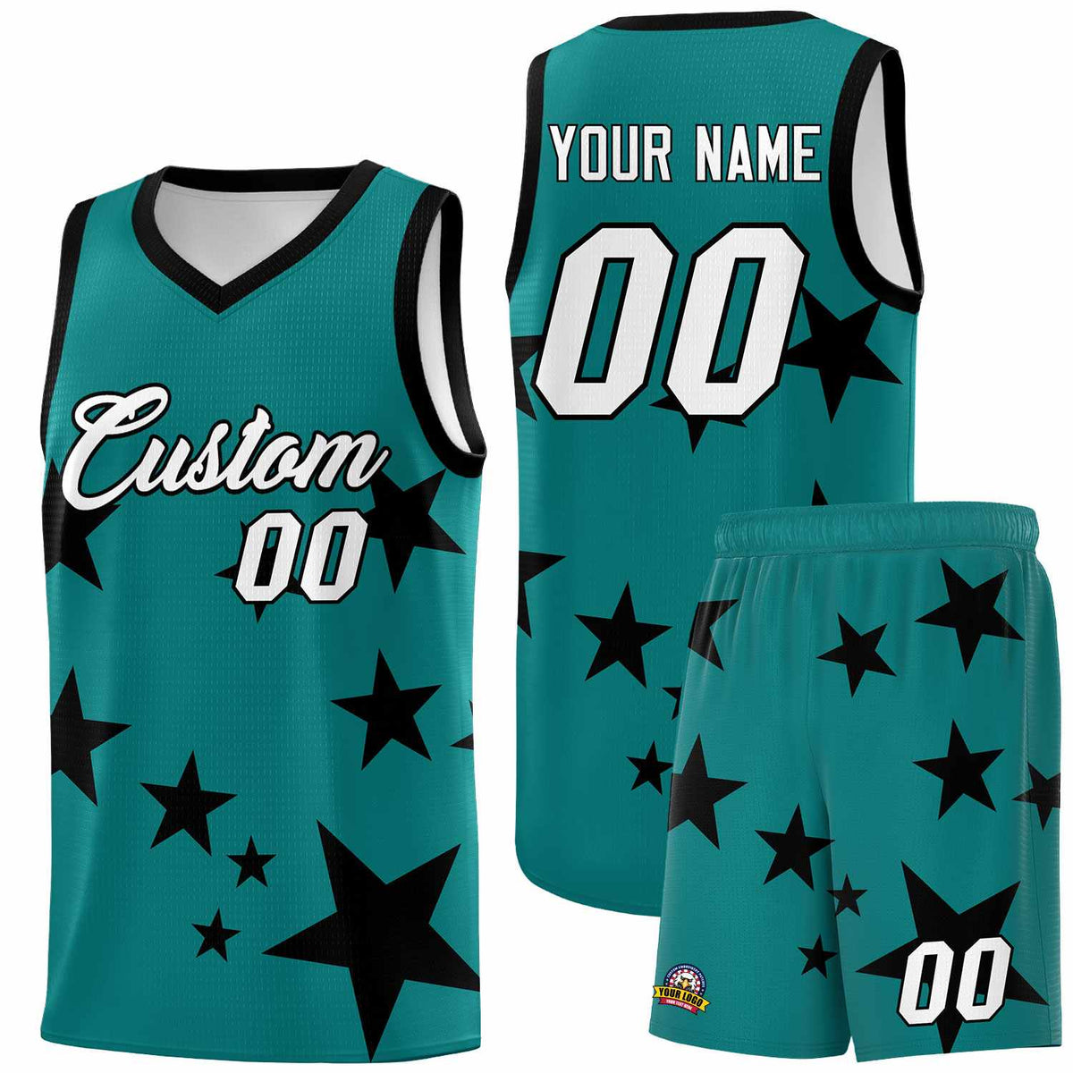 Custom Aqua Black Graffiti Pattern Star Print Basketball Jersey Sets