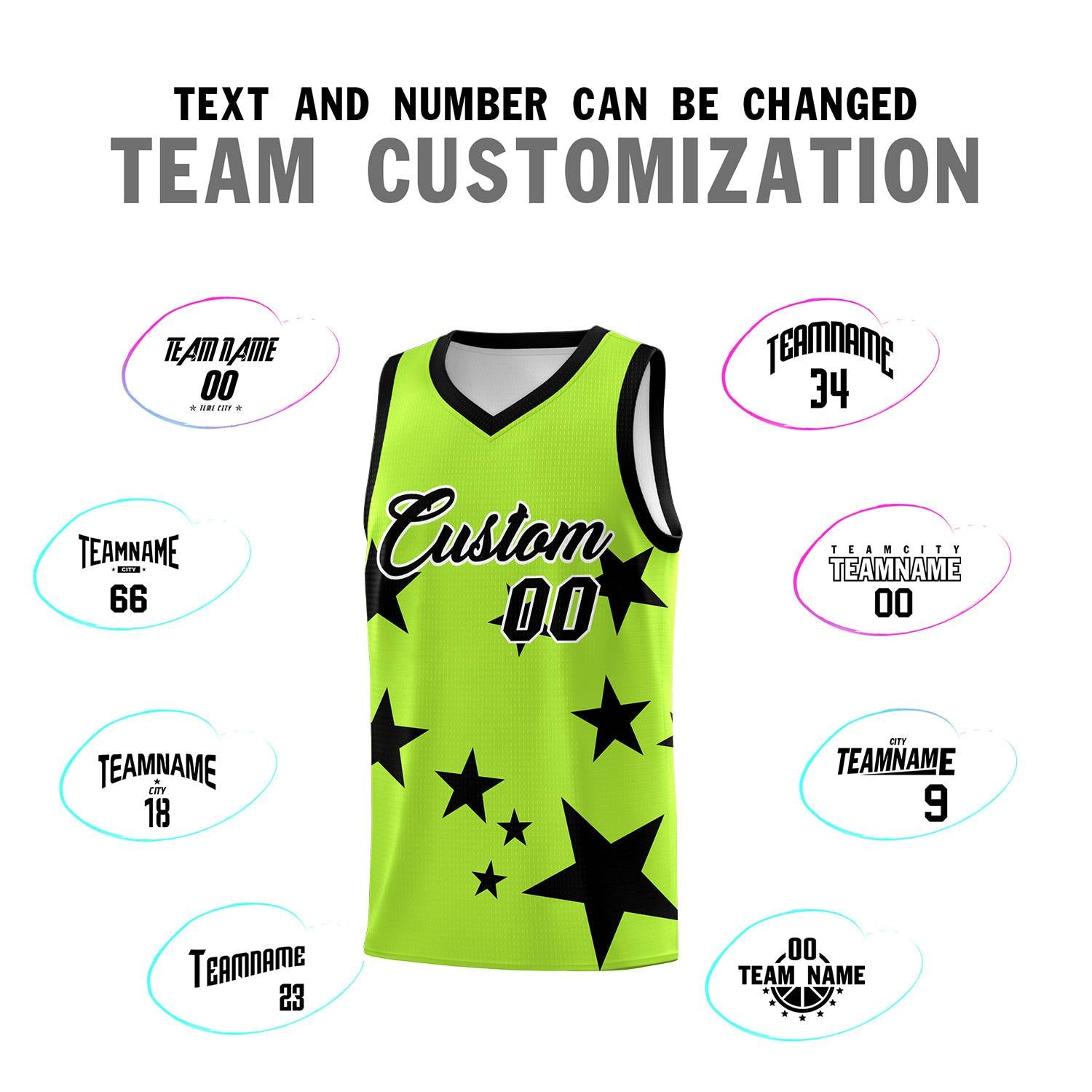 Custom Light Green Black Graffiti Pattern Star Print Basketball Jersey Sets