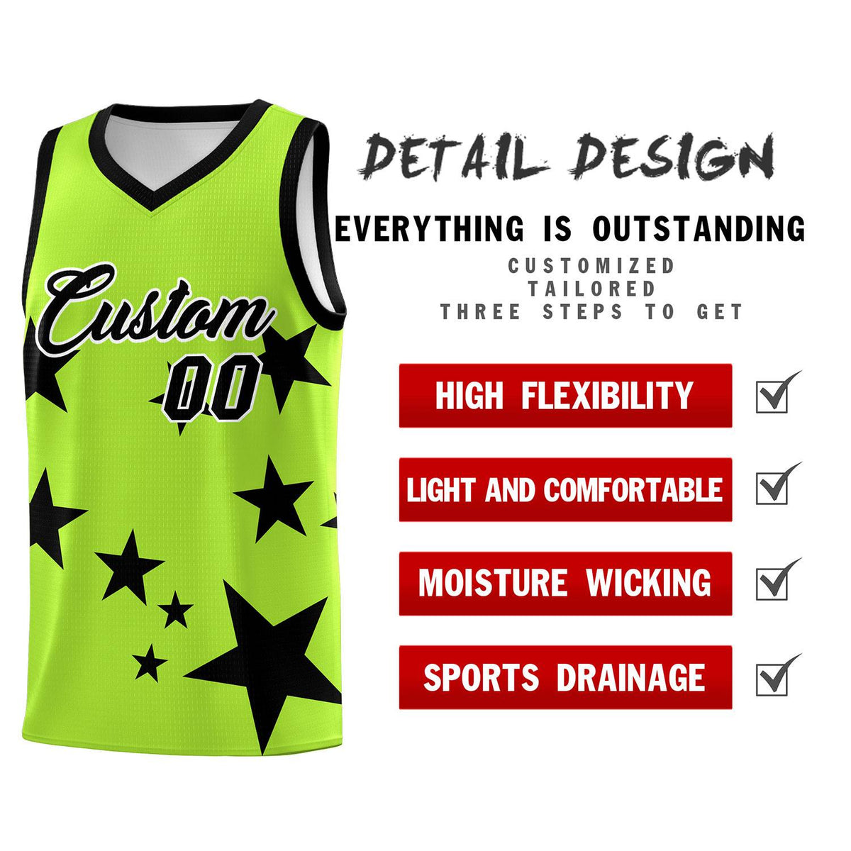 Custom Light Green Black Graffiti Pattern Star Print Basketball Jersey Sets
