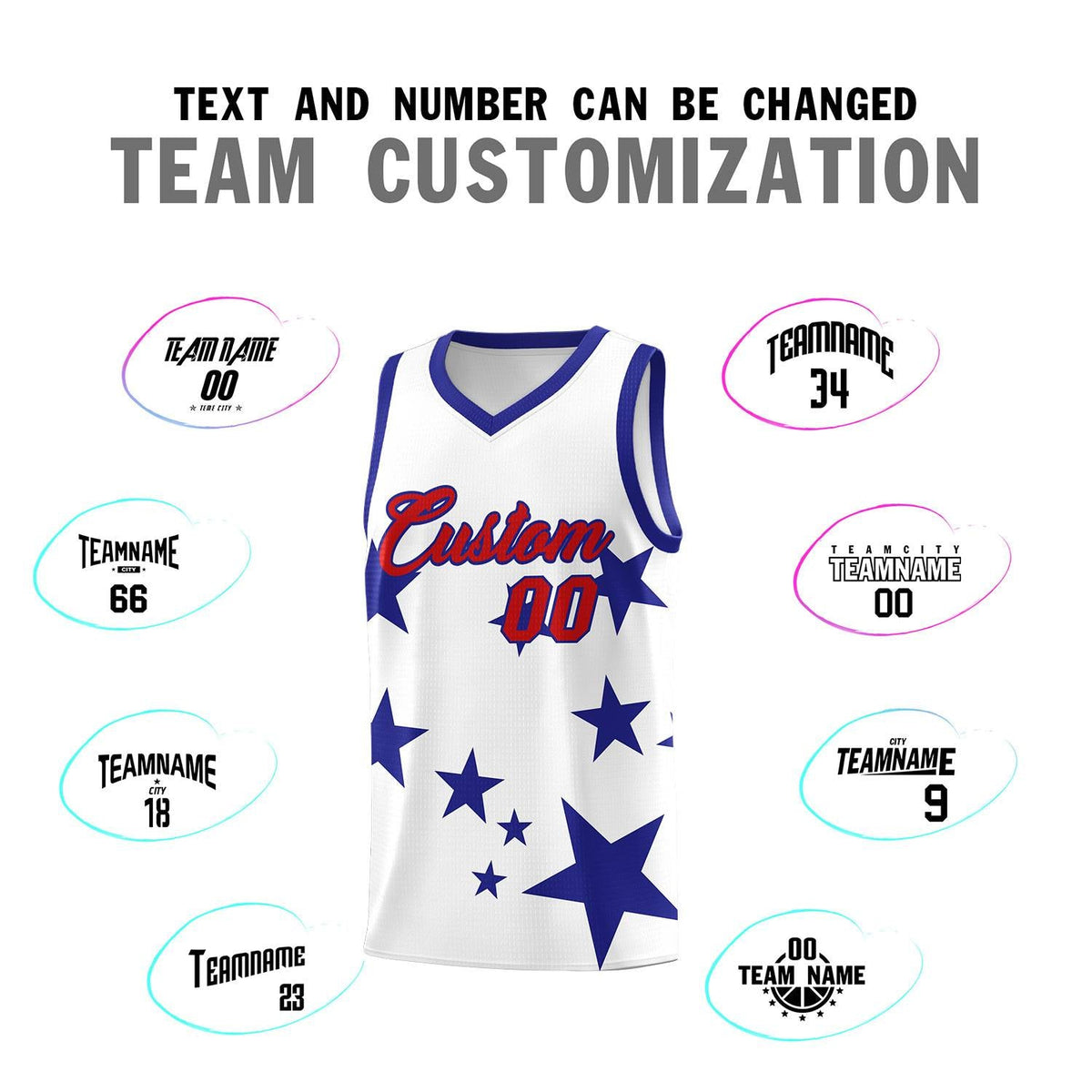 Custom White Royal Graffiti Pattern Star Print Basketball Jersey Sets