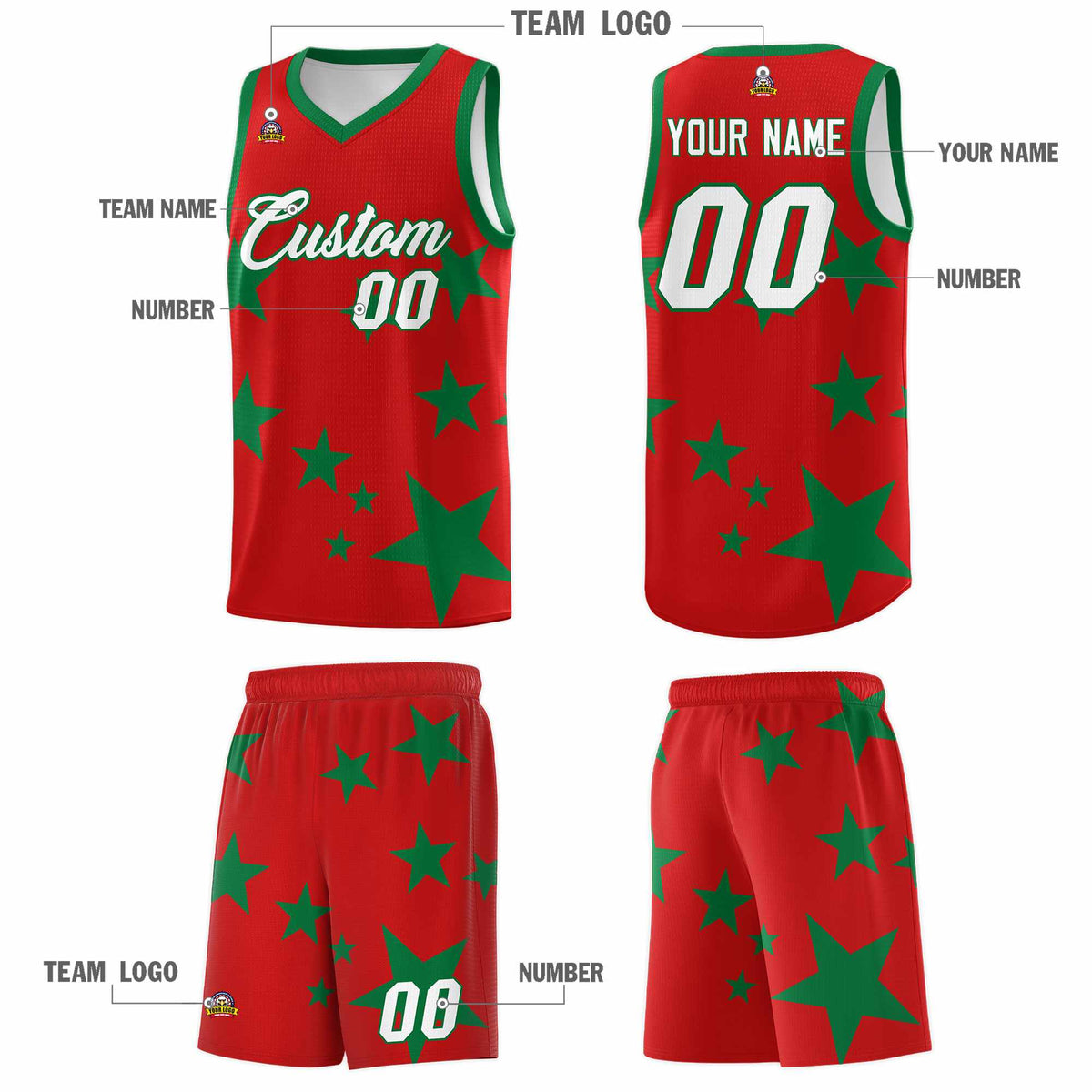 Custom Red Kelly Green Graffiti Pattern Star Print Basketball Jersey Sets