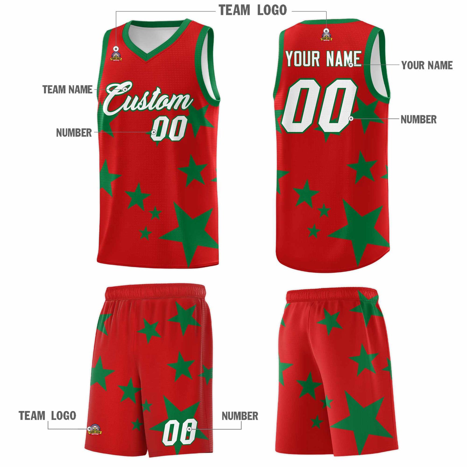 Custom Red Kelly Green Graffiti Pattern Star Print Basketball Jersey Sets