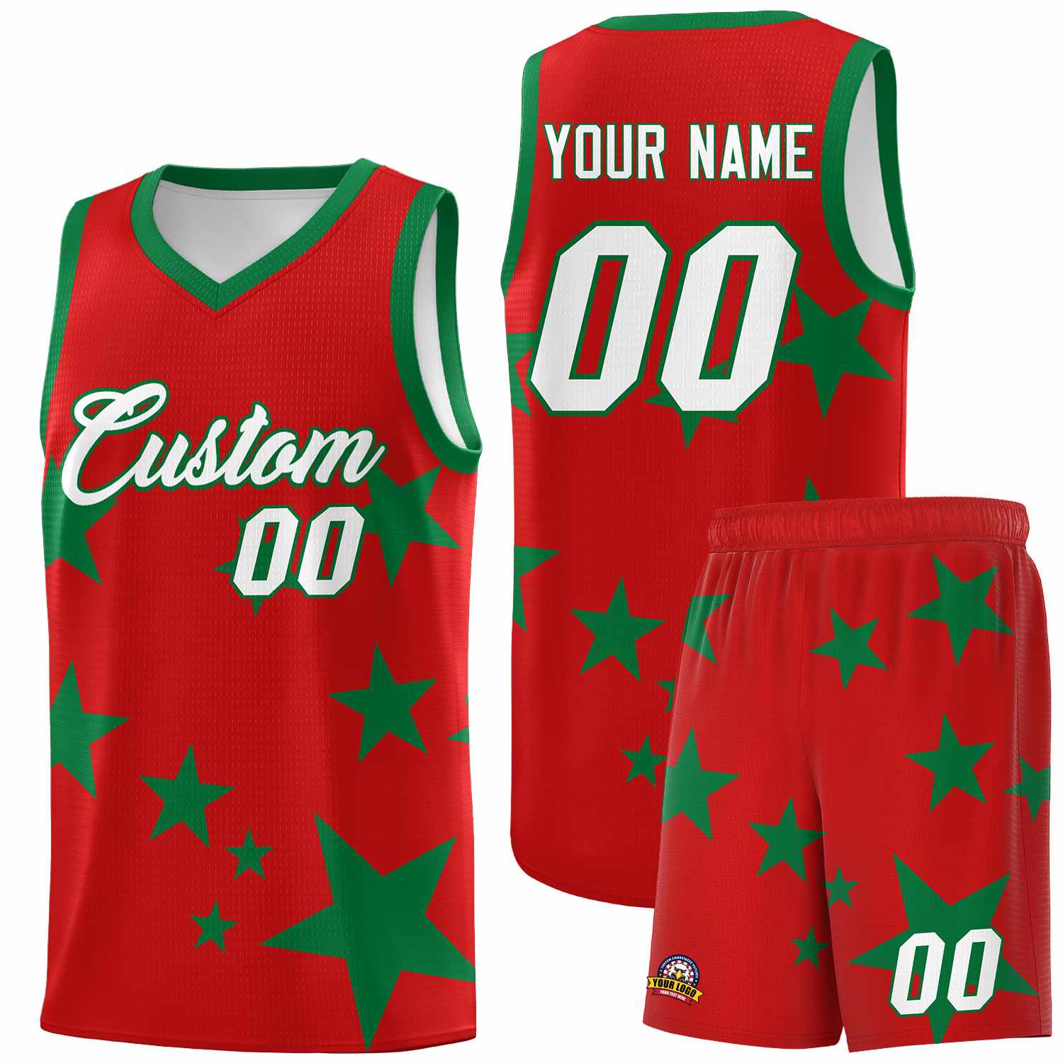 Custom Red Kelly Green Graffiti Pattern Star Print Basketball Jersey Sets