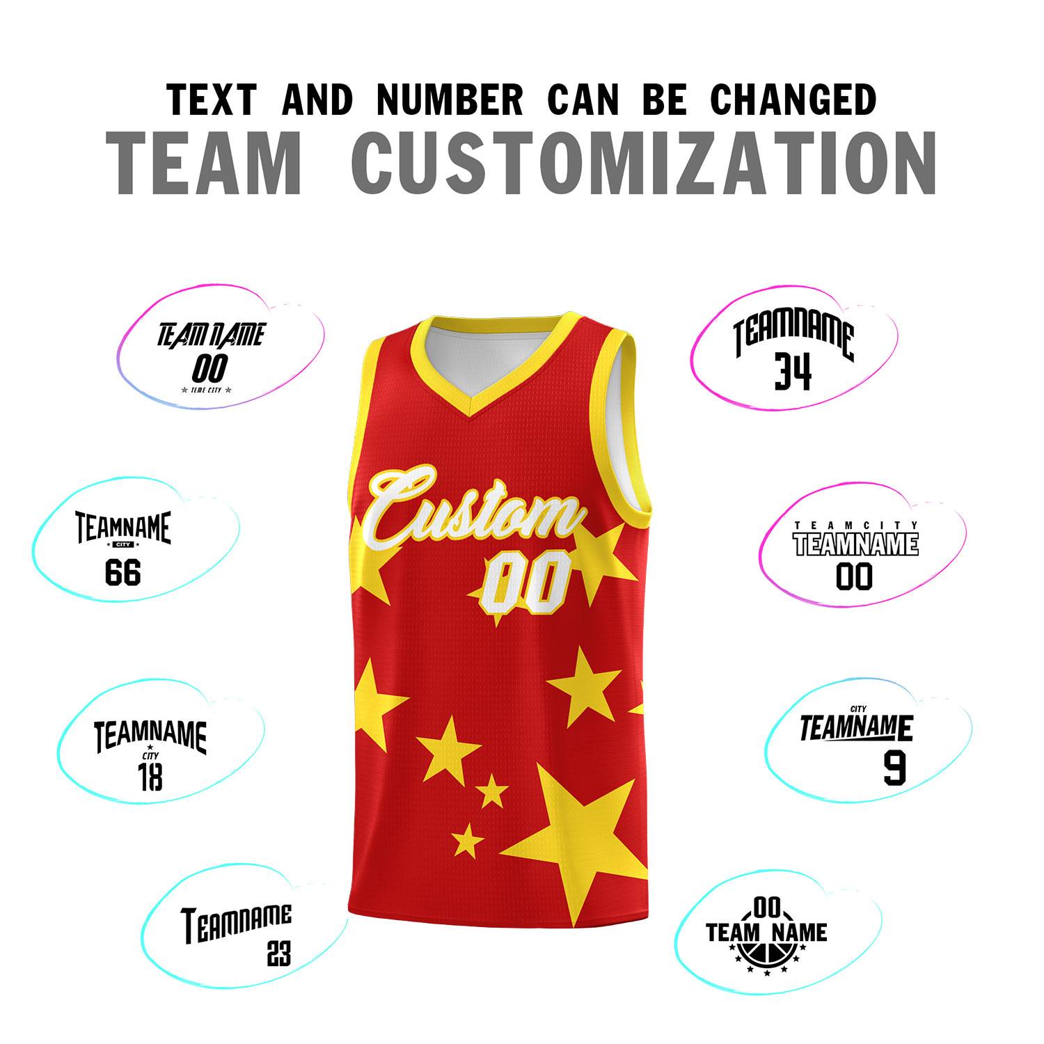 Custom Red Gold Graffiti Pattern Star Print Basketball Jersey Sets