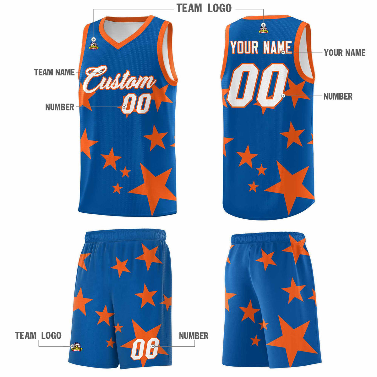 Custom Royal Orange Graffiti Pattern Star Print Basketball Jersey Sets