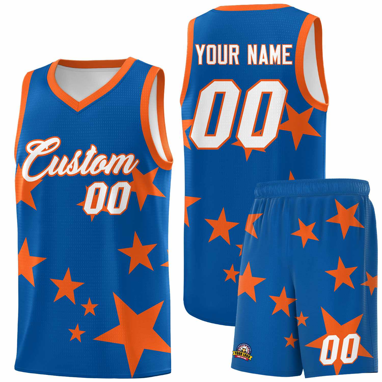 Custom Royal Orange Graffiti Pattern Star Print Basketball Jersey Sets